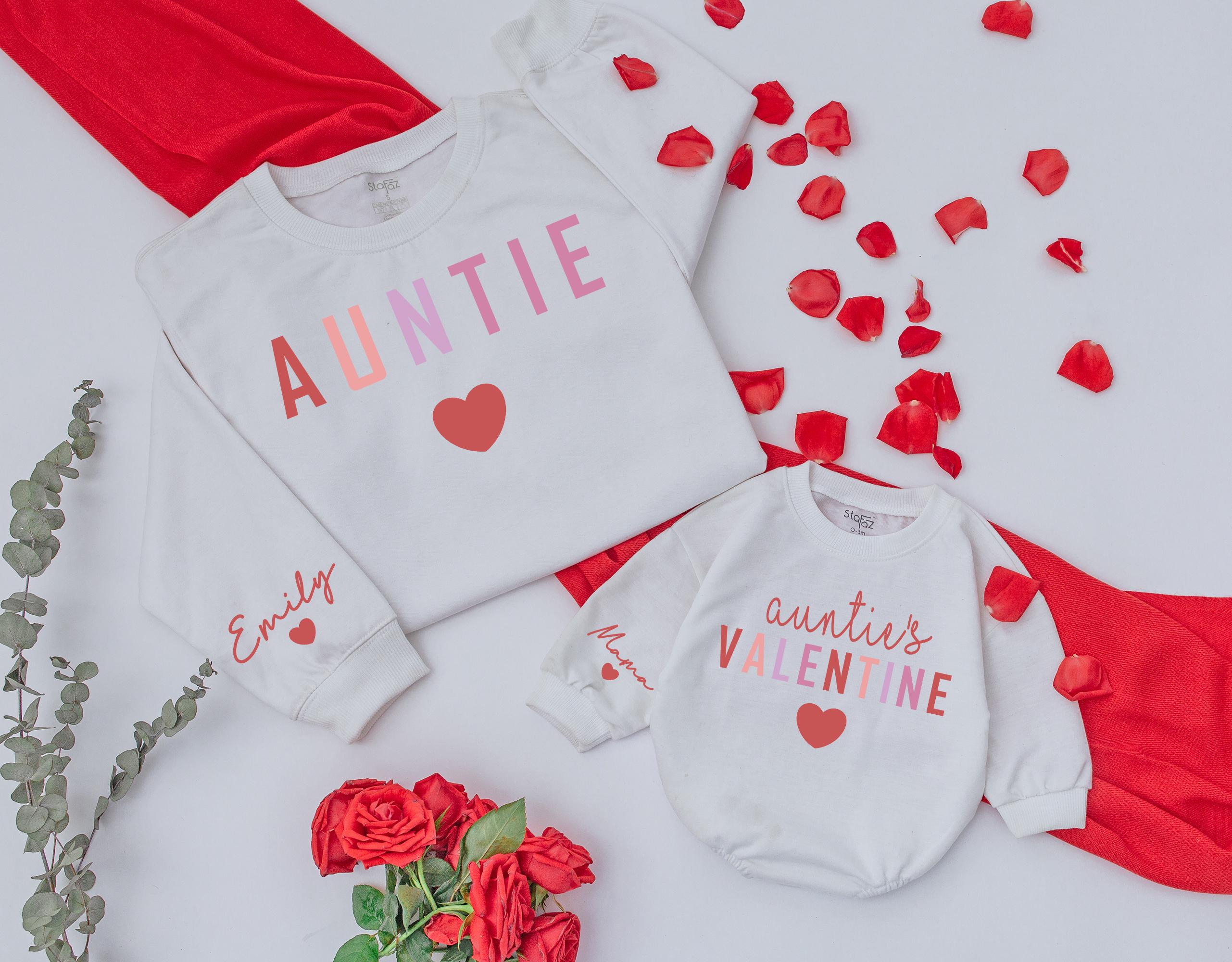Personalized Auntie and Valentine's Sweatshirts Colorful Heart Design Custom Names Cozy Gift for Aunt Niece Nephew Matching Outfit