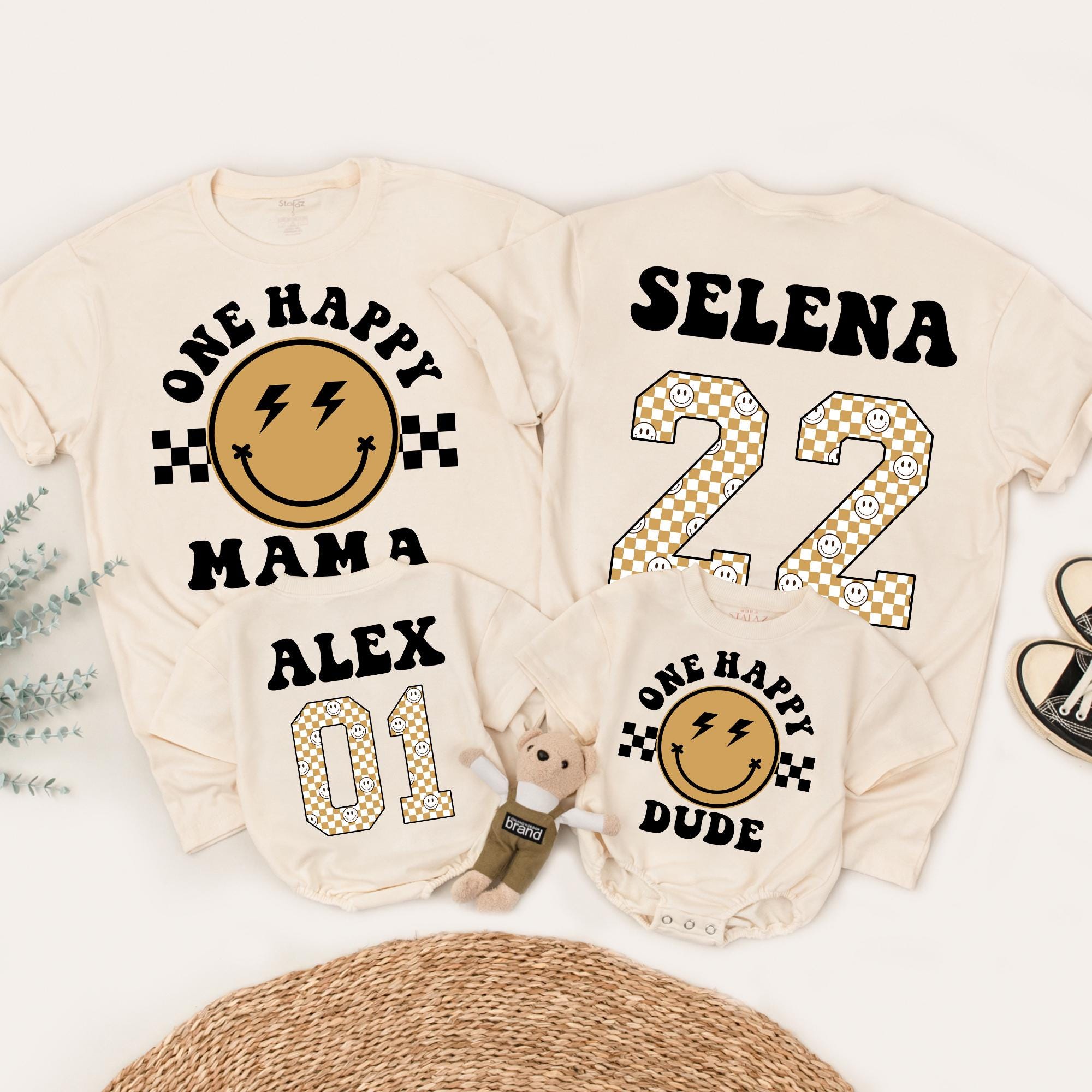 Retro Smiley Family Tees with Personalized Numbers