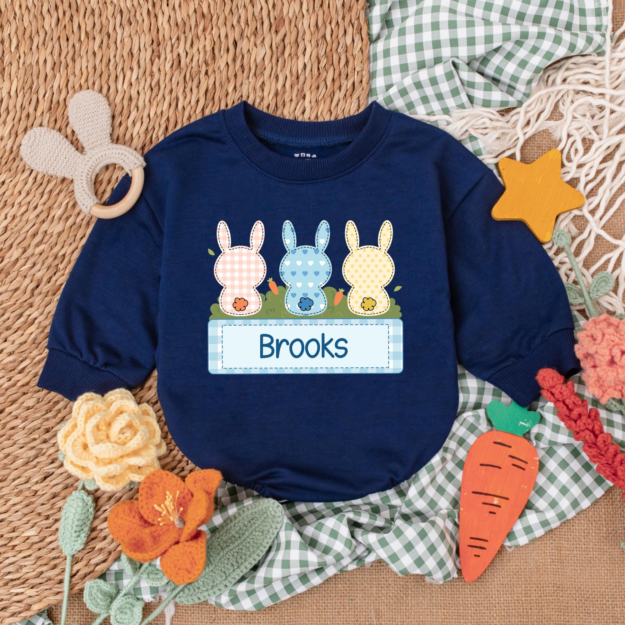 Personalized Easter Bunny Romper with Brooks Name Pastel Colors Baby Boy Outfit Gift for First Easter or Baby Shower