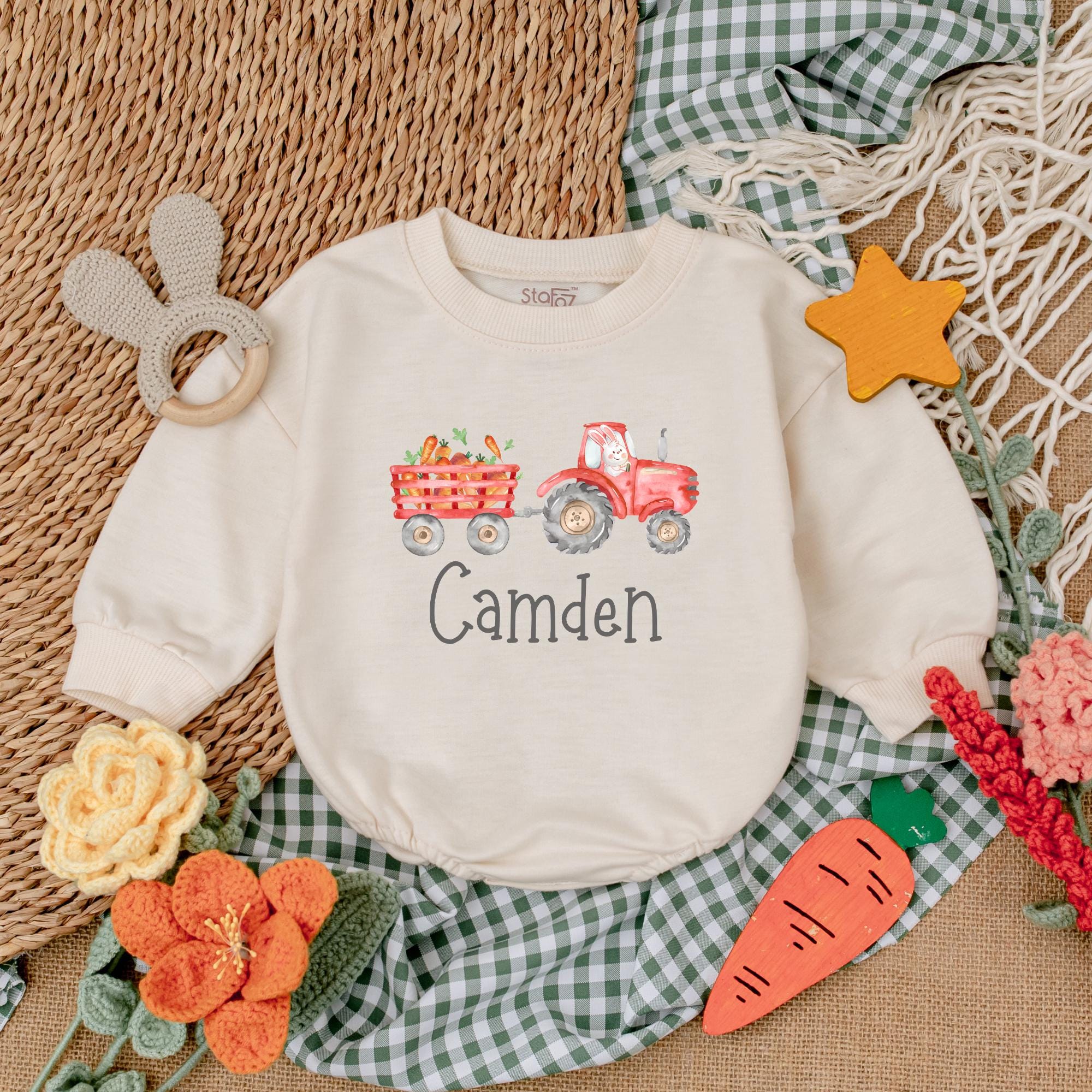 Personalized Easter Tractor Baby Romper with Camden Name for Boys Soft First Easter Outfit Gift Bunny Bodysuit Colorful Egg Design
