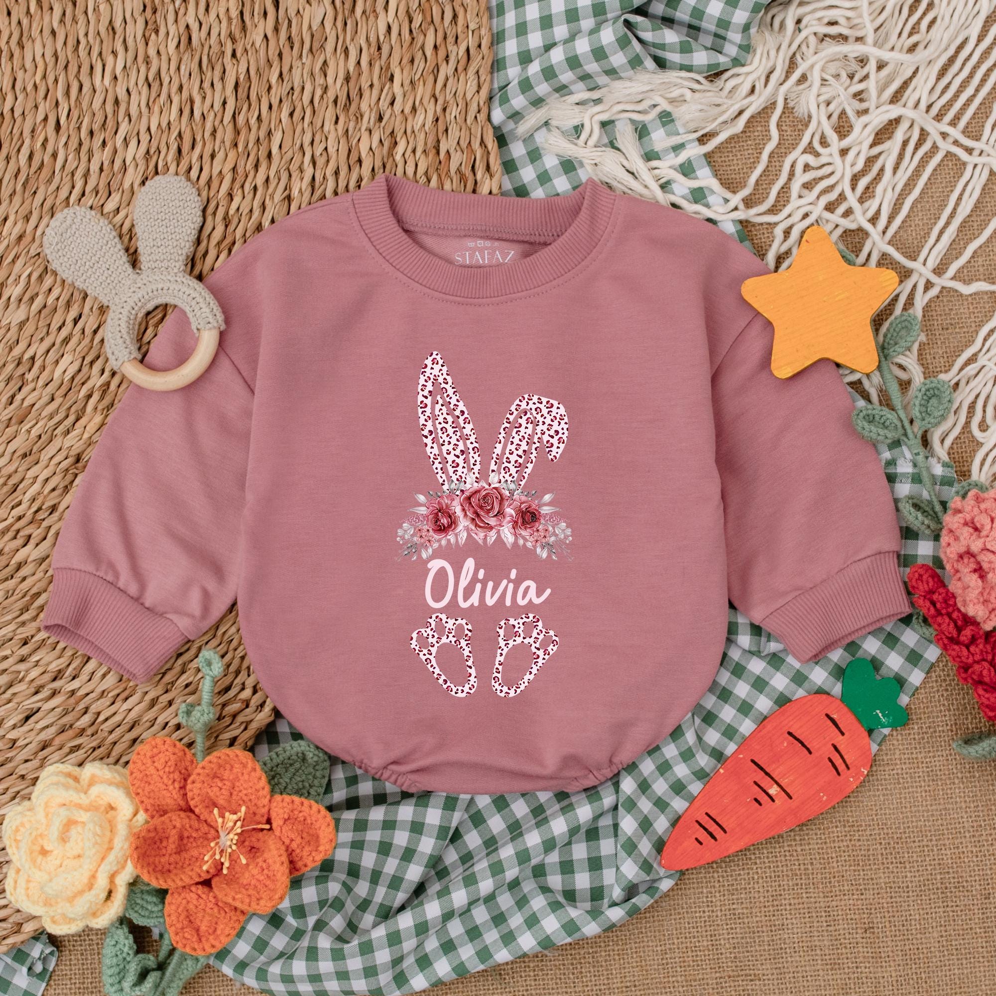 Personalized Leopard Bunny Romper for Baby Girls Easter Outfit Olivia Pink Floral Design Comfortable Springtime Baby Shower Gift