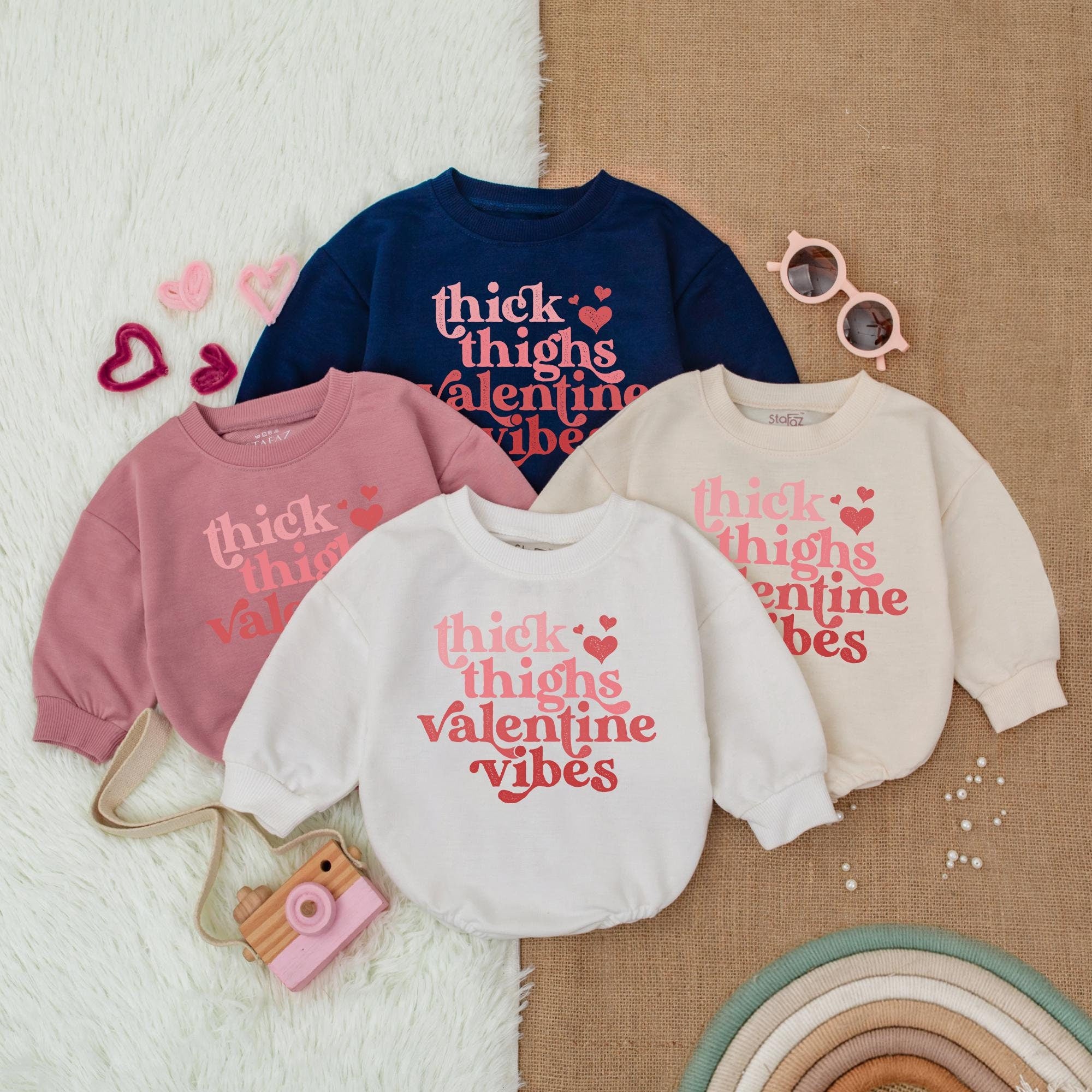 Thick Thighs Valentine Vibes Baby Romper with Heart Graphics Pink Red Festive Design Infant Coming Home Outfit Comfortable Cotton Wear