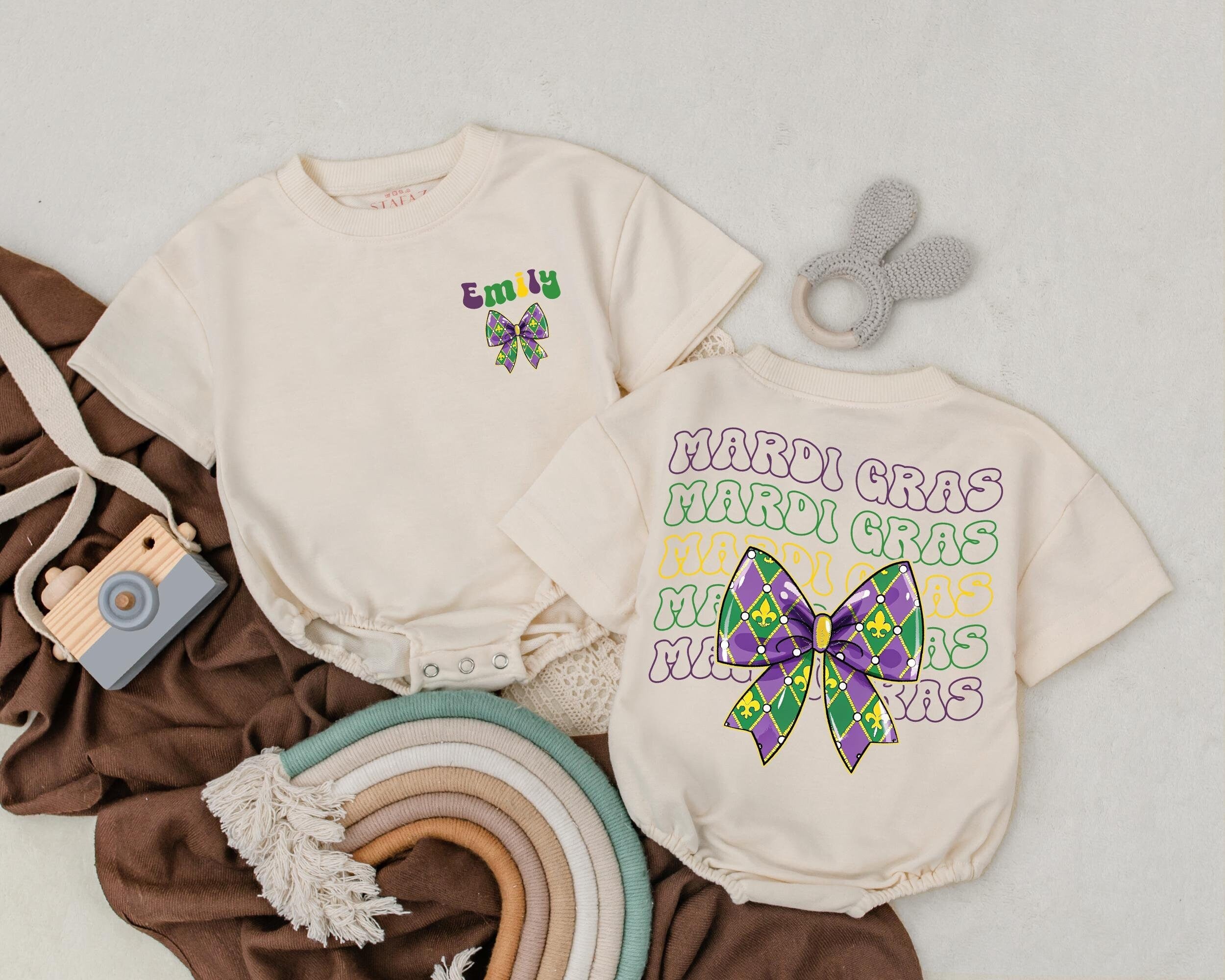 Personalized Mardi Gras Baby Romper with Colorful Bow Newborn Outfit Unisex Baby Shower Gift Fun Party Wear for Boys and Girls Comfortable Holiday Clothing