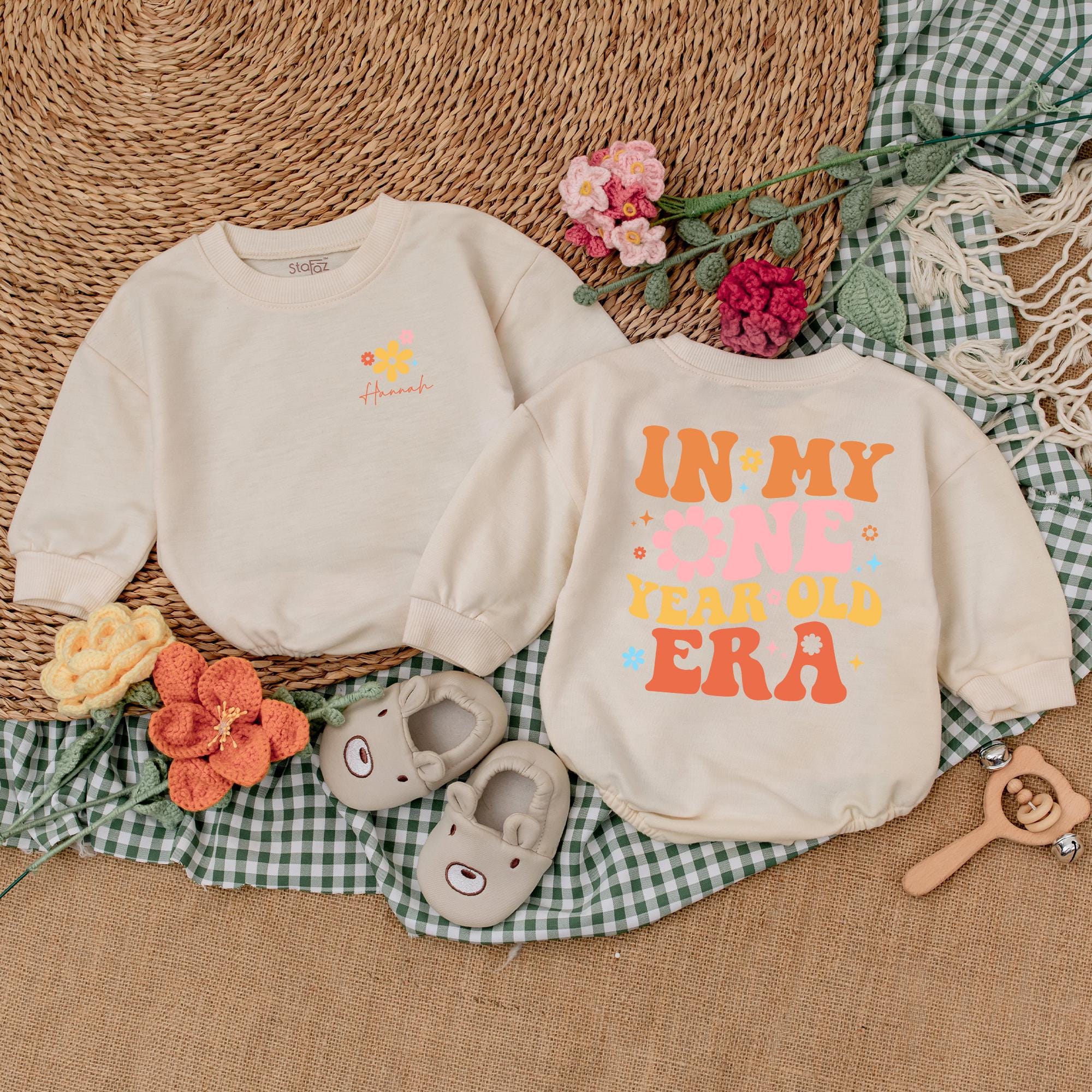 Personalized In My One Year Old Era Romper Baby Girl Birthday Outfit Cotton Toddler Party Bodysuit Fun Retro Design with Flowers