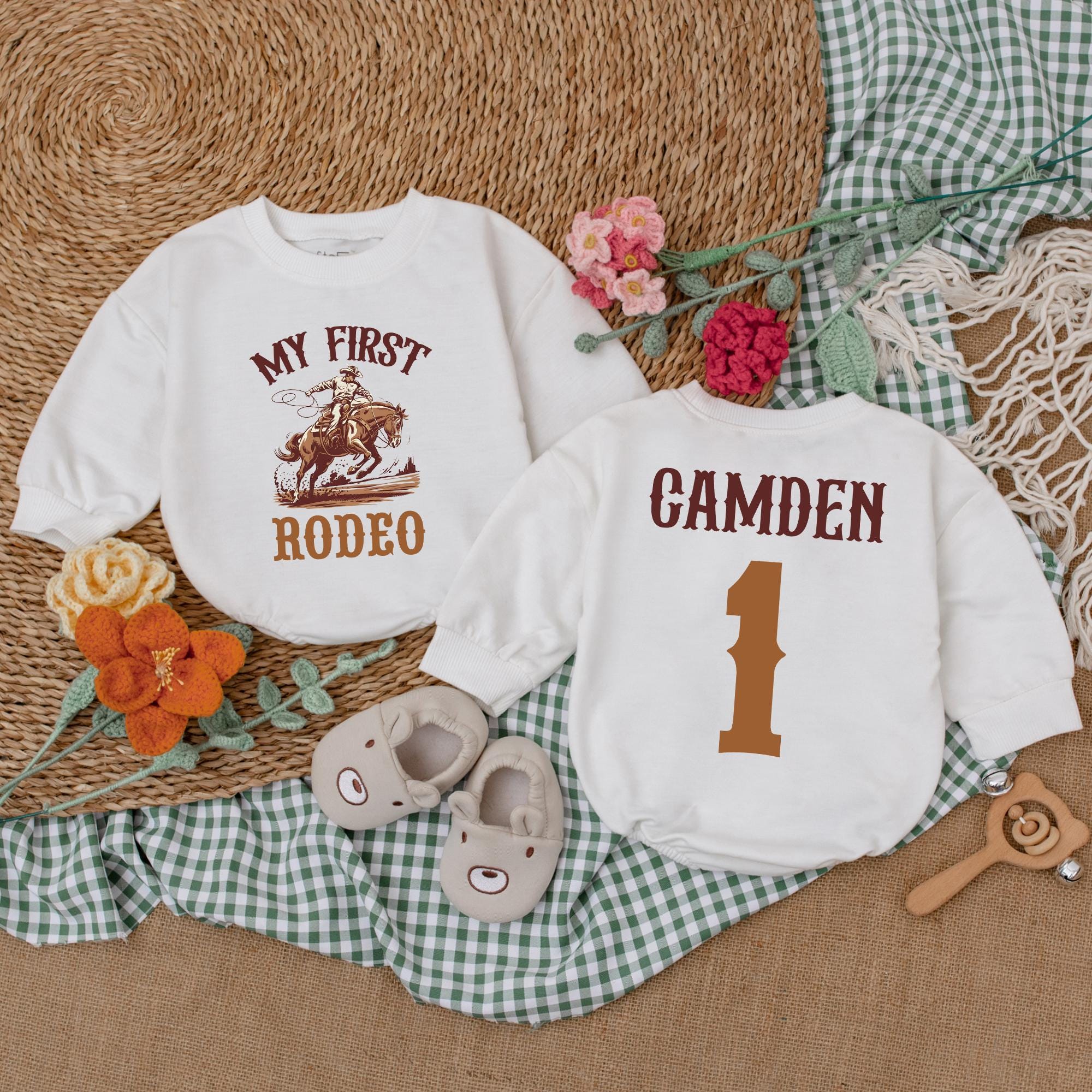 Custom My First Rodeo Romper with Name, Western 1st Birthday Outfit