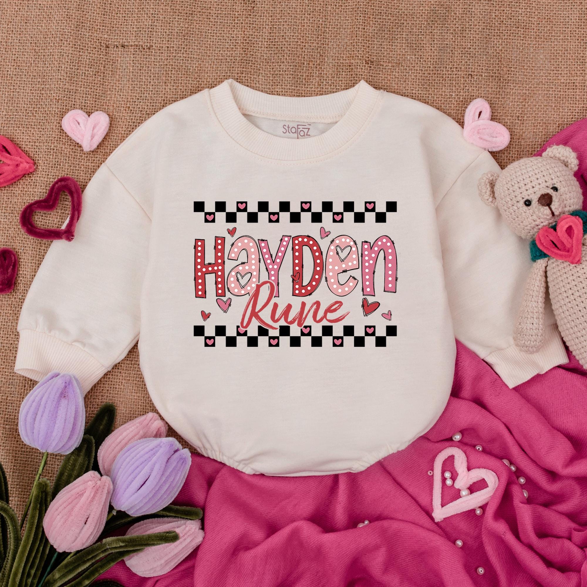 Custom Hayden Rune Checker Valentine Baby Bubble Romper Pink Hearts My First Valentine Outfit Infant Gift Soft Comfortable