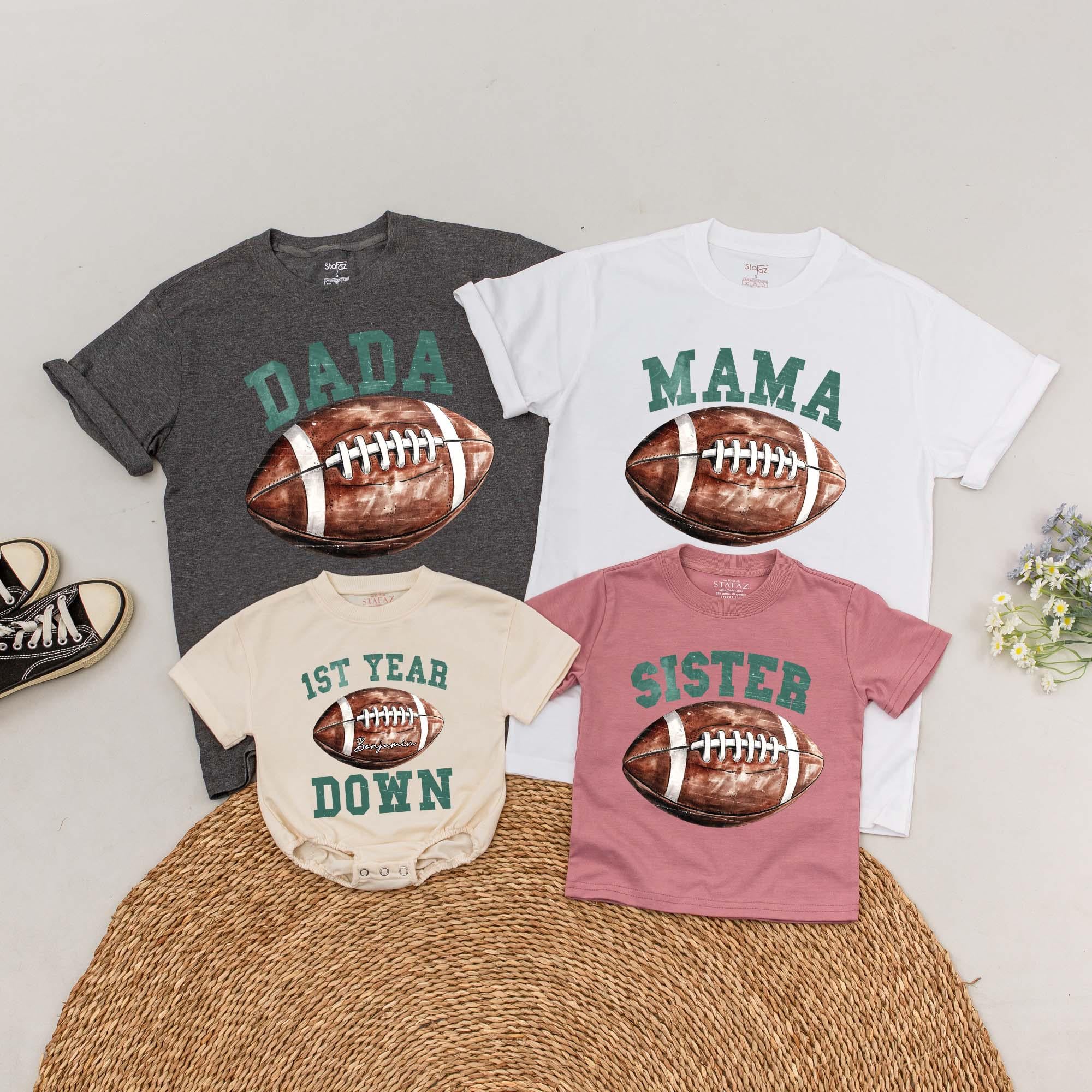 Personalized Family Football Birthday T-Shirt Custom Names First Year Down Romper Comfortable Cotton Party Outfit Mom Dad Sister Brother