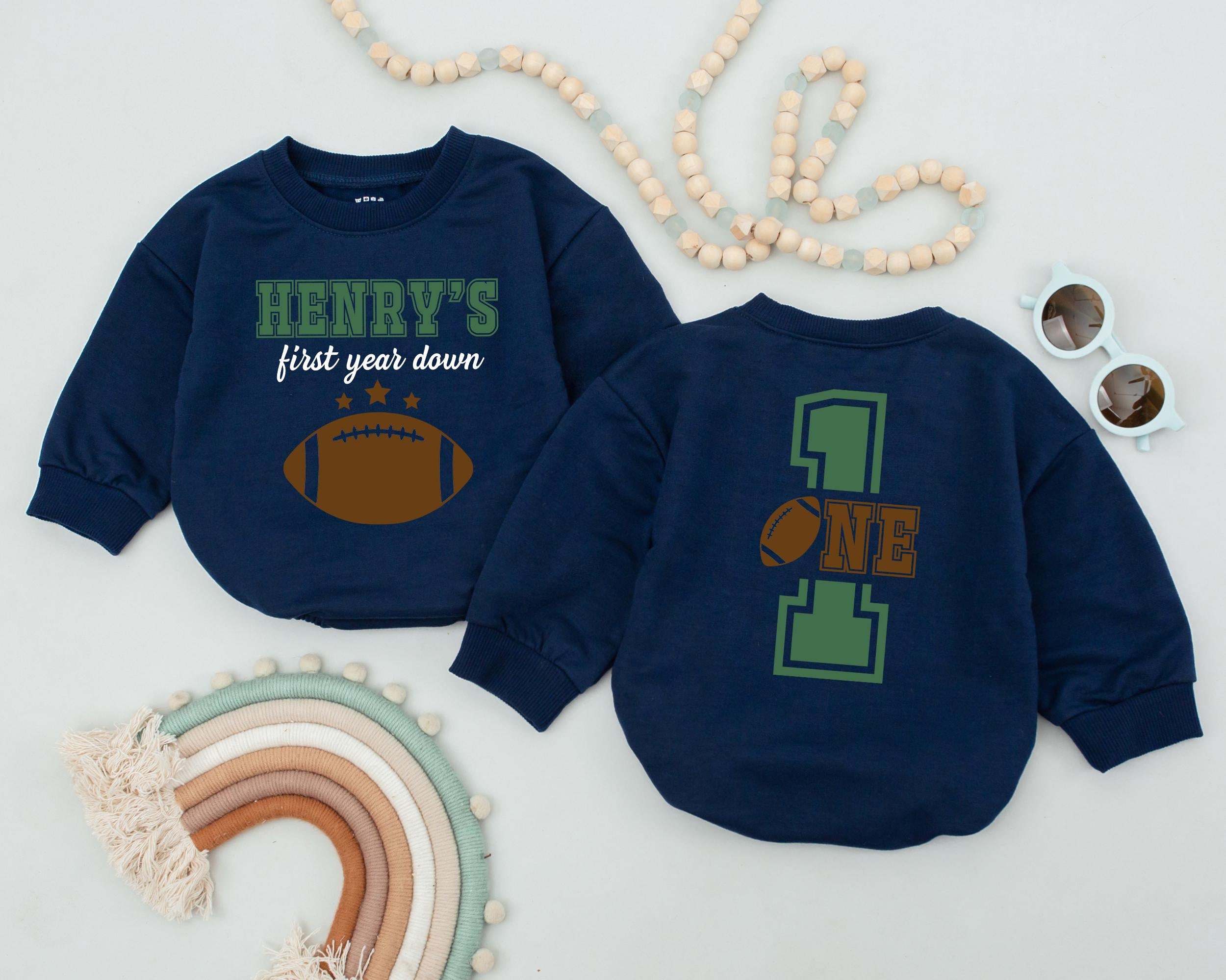 Personalized First Year Down Romper Football Birthday Outfit Baby Gift Playful Sporty Cotton Design Custom Name Toddler Party Clothes