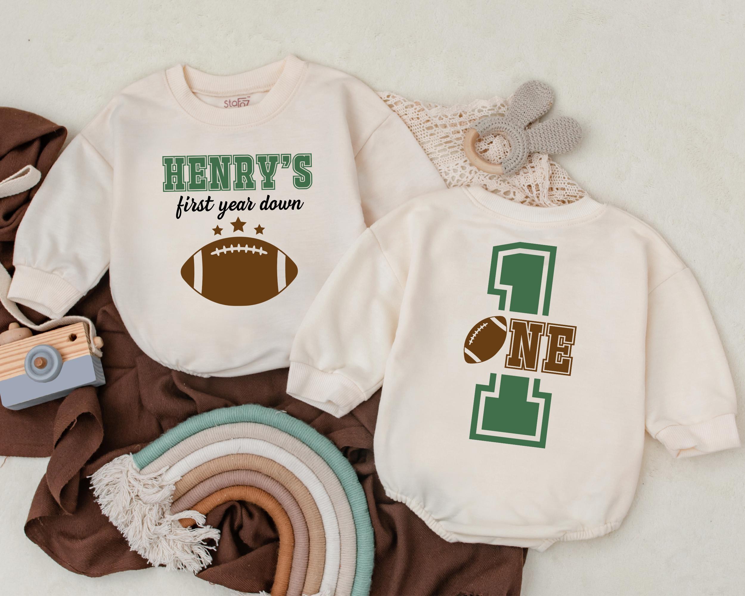 Personalized First Year Down Romper Football Birthday Outfit Baby Gift Playful Sporty Cotton Design Custom Name Toddler Party Clothes