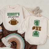Personalized First Year Down Romper Football Birthday Outfit Baby Gift Playful Sporty Cotton Design Custom Name Toddler Party Clothes