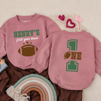 Personalized First Year Down Romper Football Birthday Outfit Baby Gift Playful Sporty Cotton Design Custom Name Toddler Party Clothes