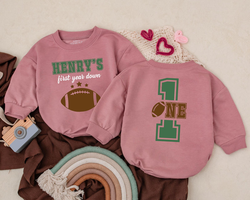 Personalized First Year Down Romper Football Birthday Outfit Baby Gift Playful Sporty Cotton Design Custom Name Toddler Party Clothes