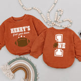 Personalized First Year Down Romper Football Birthday Outfit Baby Gift Playful Sporty Cotton Design Custom Name Toddler Party Clothes