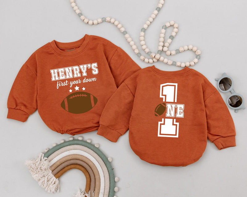 Personalized First Year Down Romper Football Birthday Outfit Baby Gift Playful Sporty Cotton Design Custom Name Toddler Party Clothes