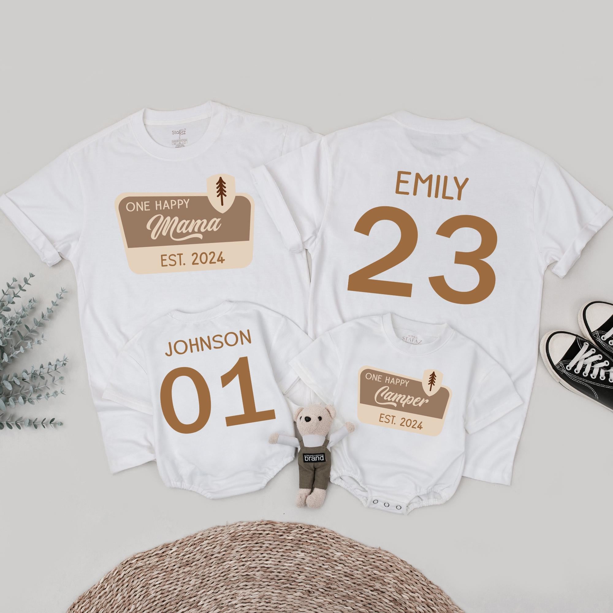 One Happy Camper Personalized Family Tees Soft Cotton Camping Birthday Shirts Custom Names Brown Beige Outdoor Design