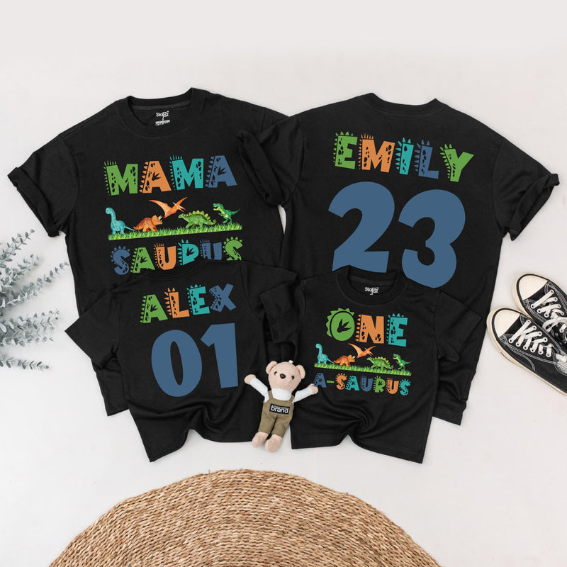 Matching Family Dinosaur Birthday Shirts Custom Name Mama Saurus Dada Saurus Kids Dino Tee Vibrant Colors Fun Playful Design