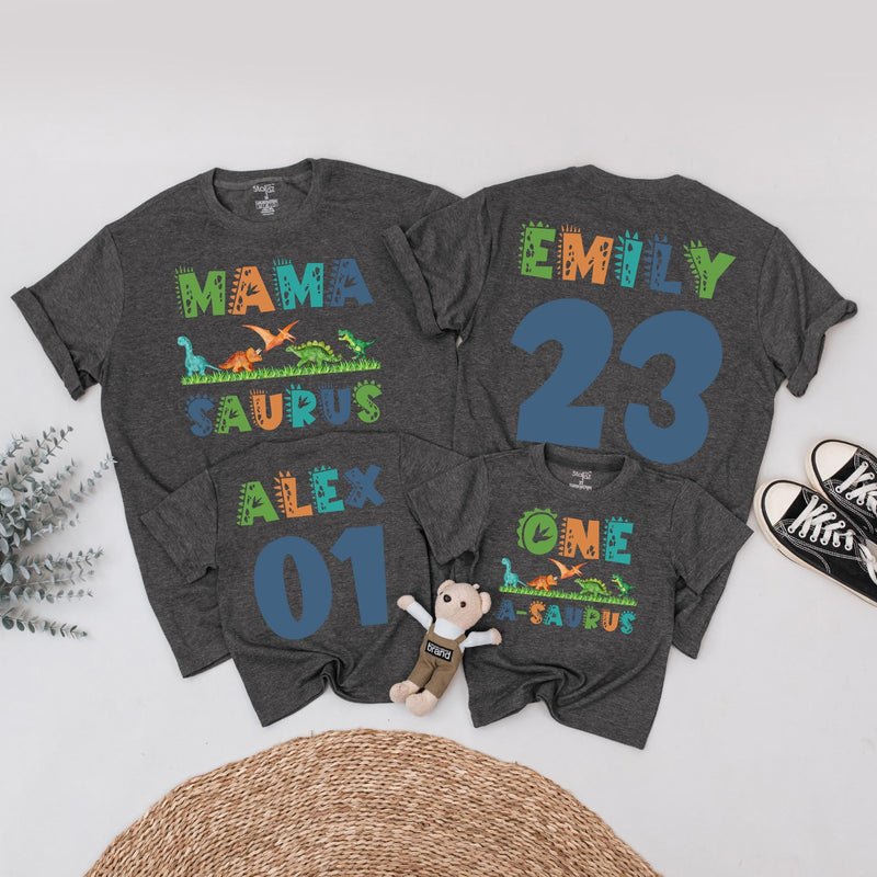 Matching Family Dinosaur Birthday Shirts Custom Name Mama Saurus Dada Saurus Kids Dino Tee Vibrant Colors Fun Playful Design