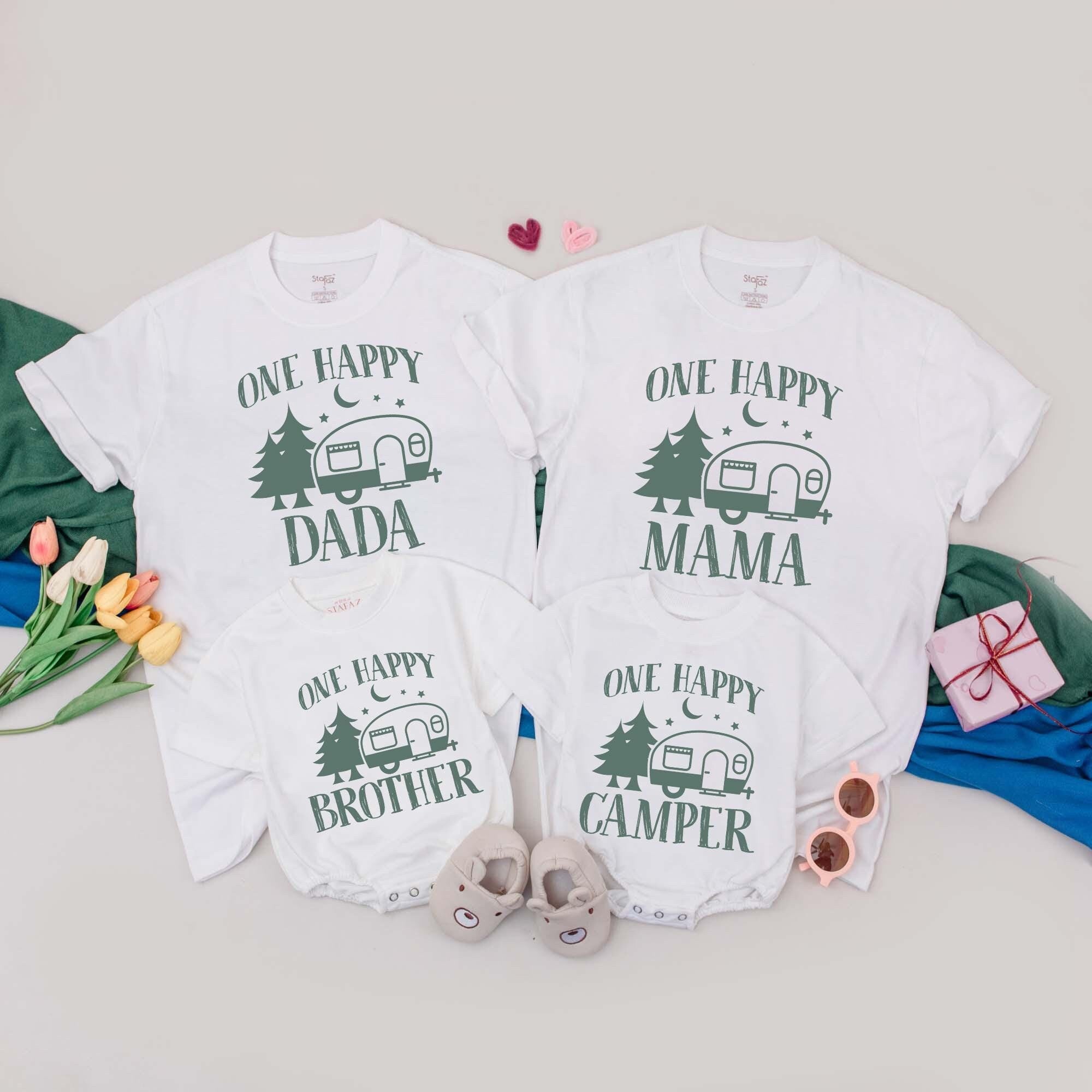 Personalized One Happy Camper Family Shirts Vintage Trailer Design Birthday Holiday Gift Soft Cotton Matching Baby Toddler Adult Tees