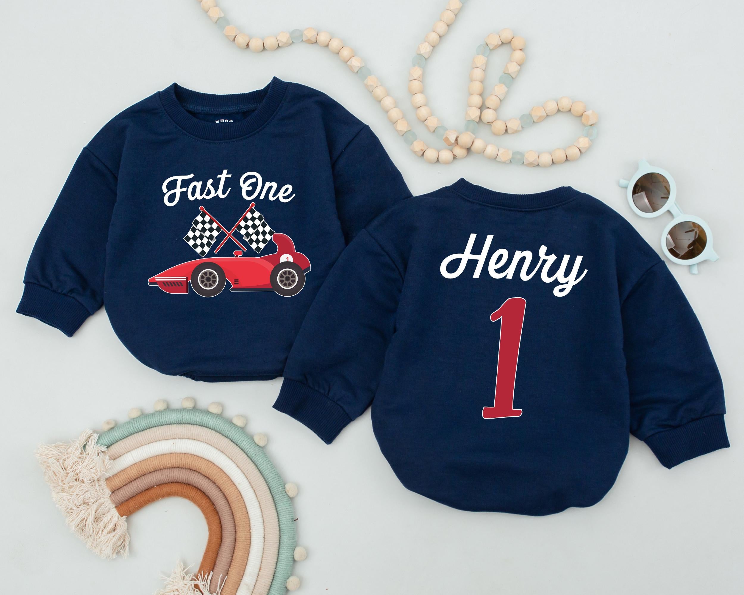 Race Car First Birthday Romper with Personalized Name
