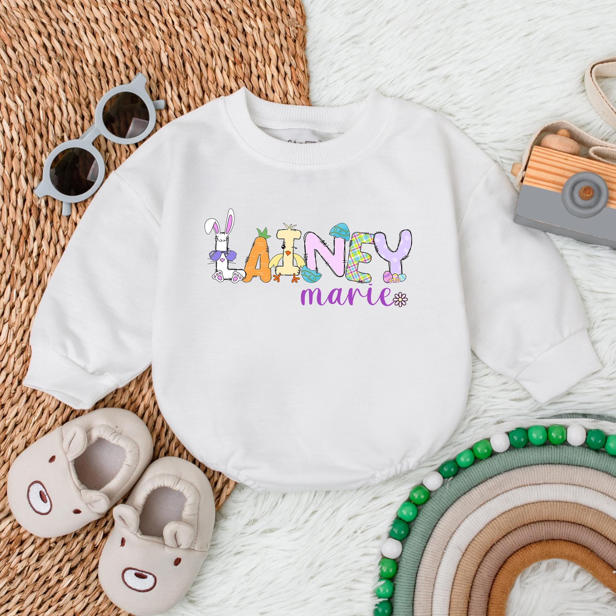 Personalized Lainey Easter Bubble Romper Bunny Ears Pastel Colors Baby Girl Outfit First Easter Soft Cotton Newborn Bodysuit