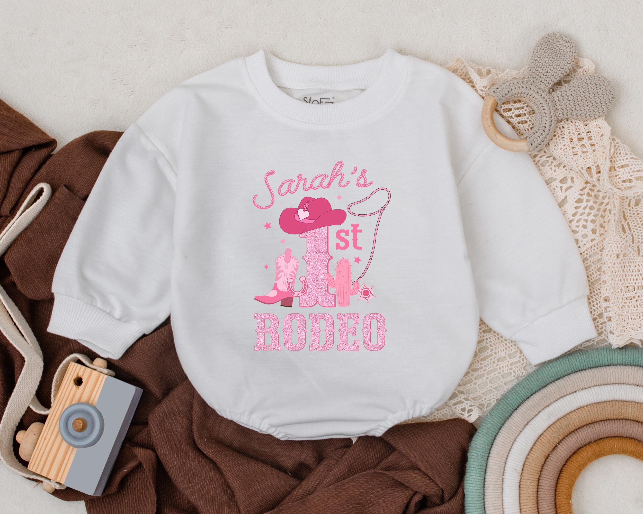 Personalized Retro Cowgirl Romper Sarah's 1st Rodeo Outfit Baby Birthday Western Theme Soft Pink Cotton Comfy Infant Girl Bodysuit Gift