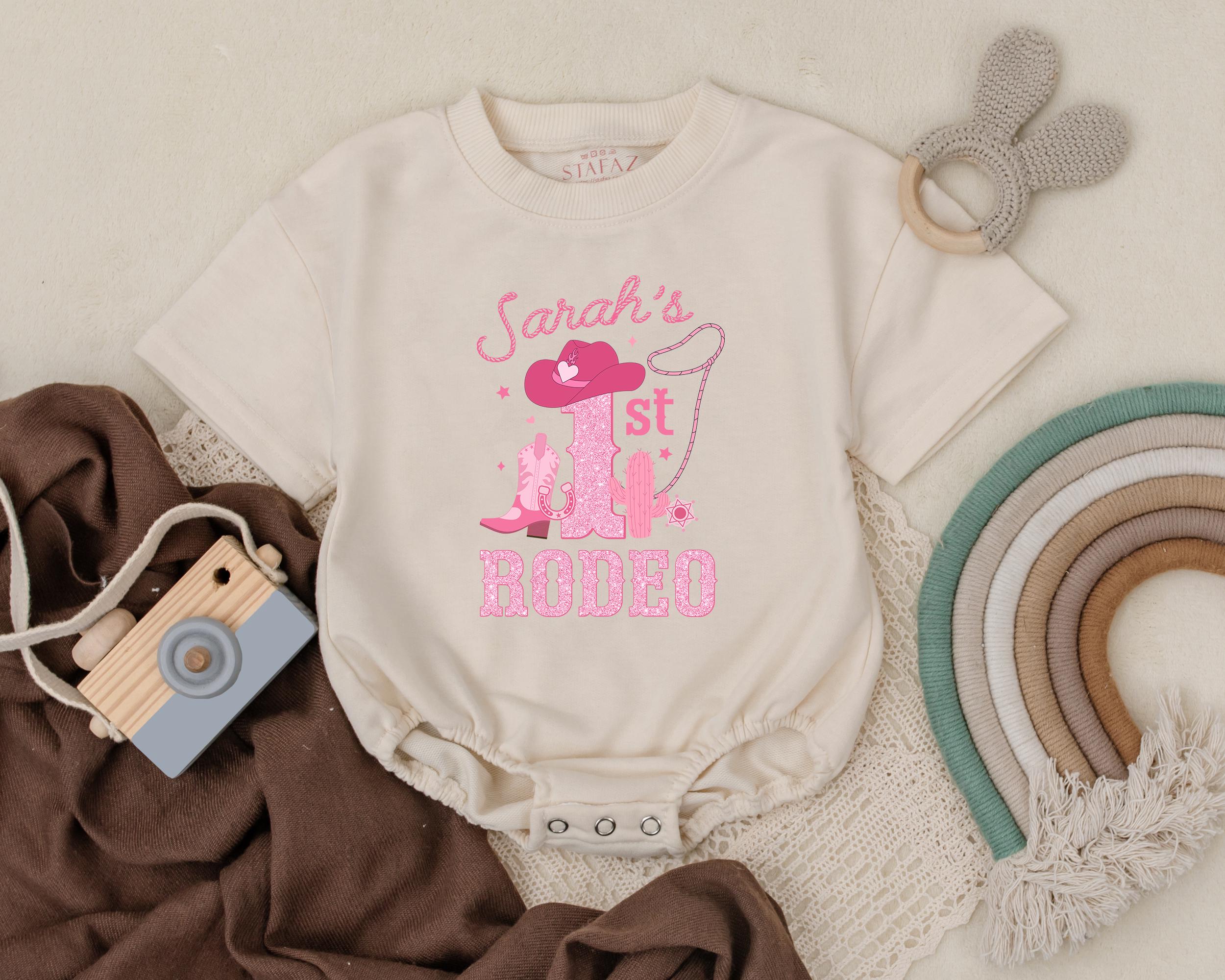 Personalized Retro Cowgirl Romper Sarah's 1st Rodeo Outfit Baby Birthday Western Theme Soft Pink Cotton Comfy Infant Girl Bodysuit Gift