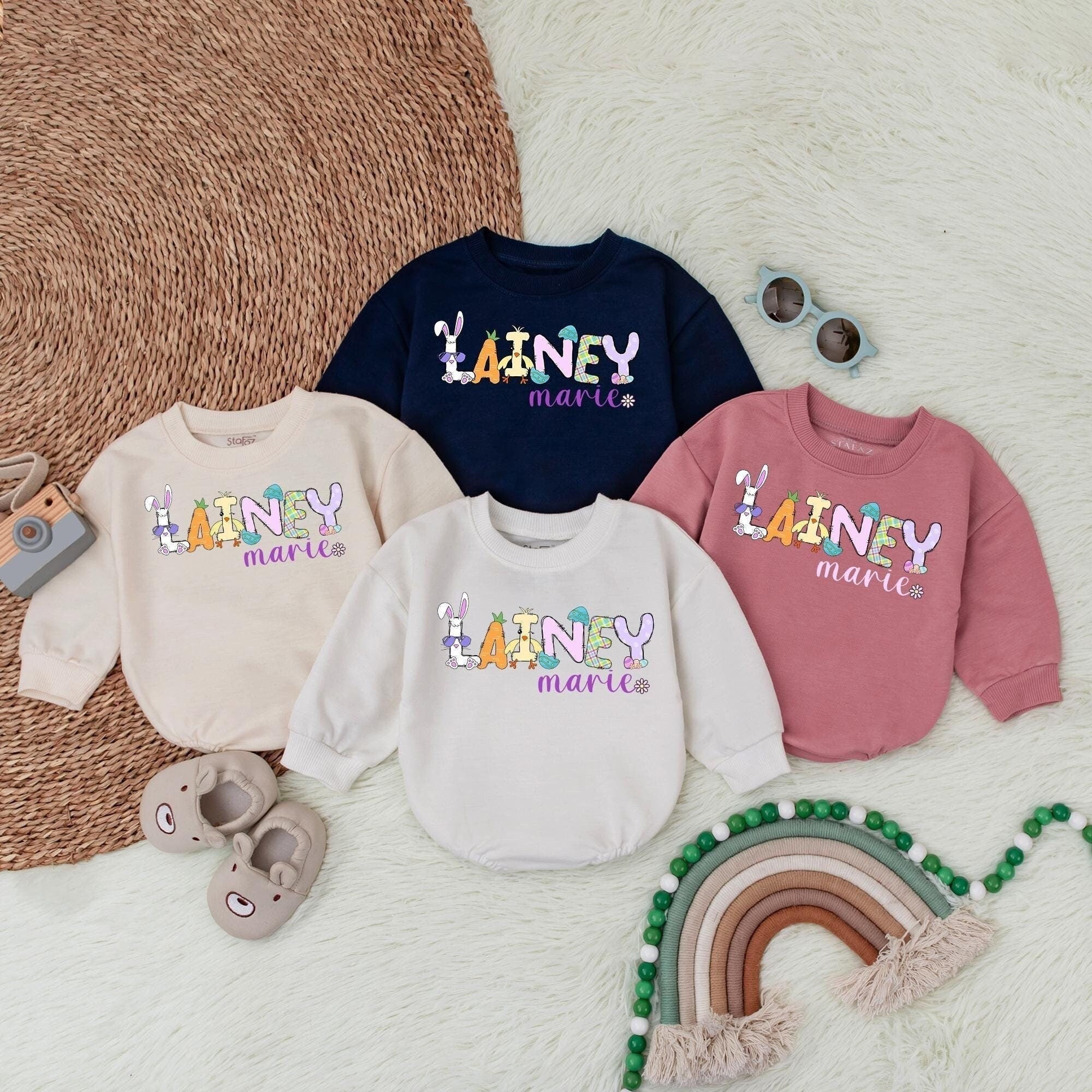 Personalized Lainey Easter Bubble Romper Bunny Ears Pastel Colors Baby Girl Outfit First Easter Soft Cotton Newborn Bodysuit