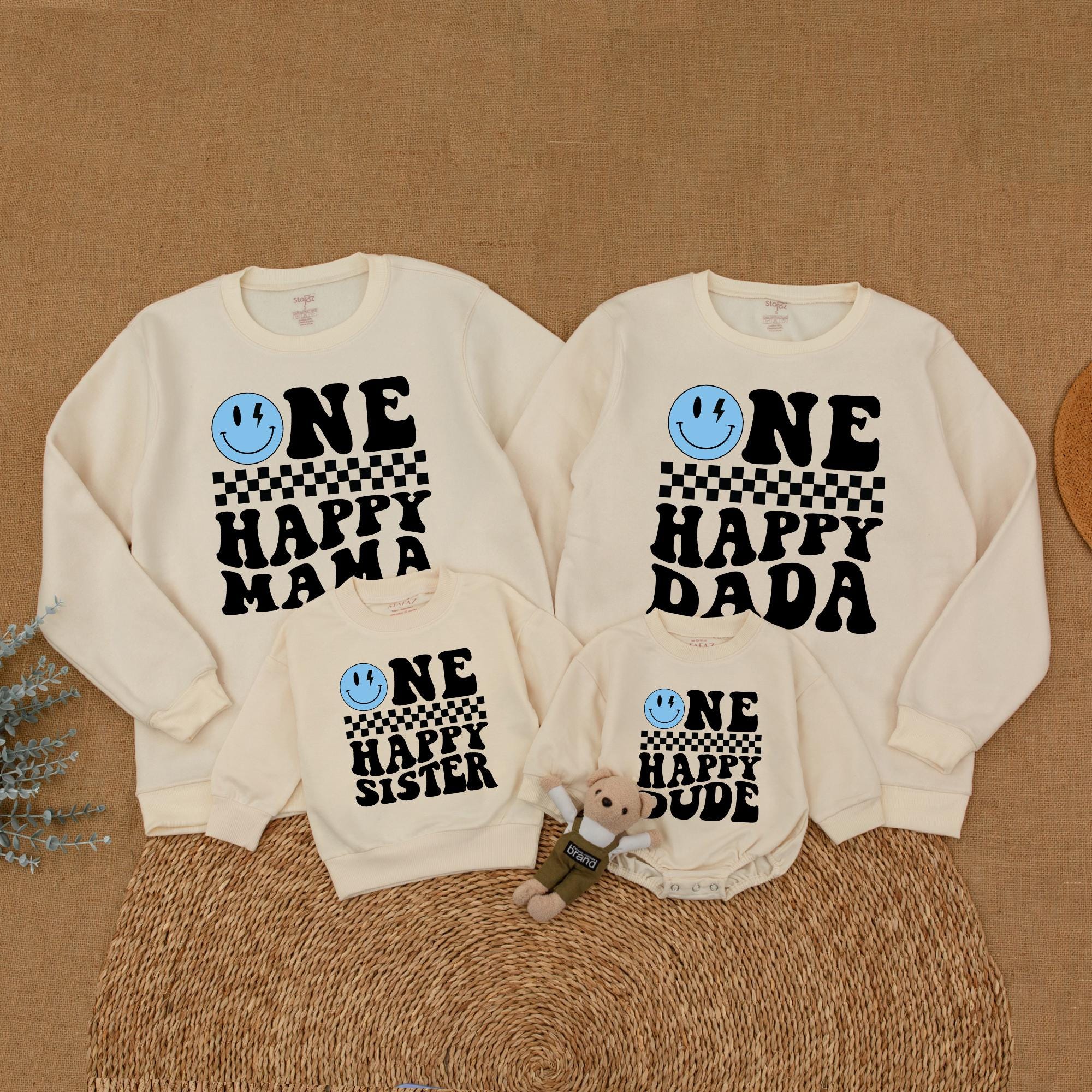 Blue Happy Face Family Sweatshirt with Fun Checkered Design