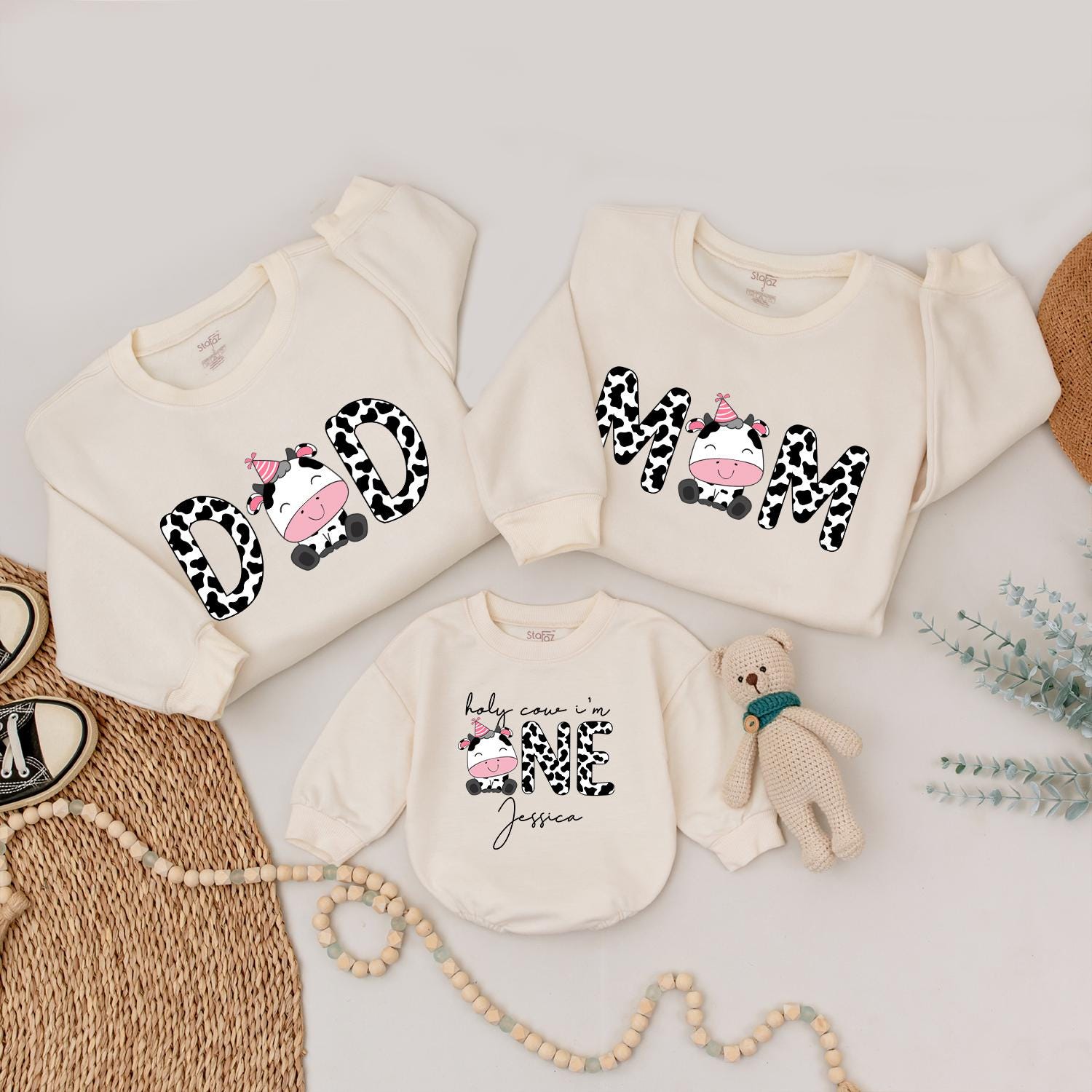Whimsical Cow Family Birthday Sweatshirts with Personalization