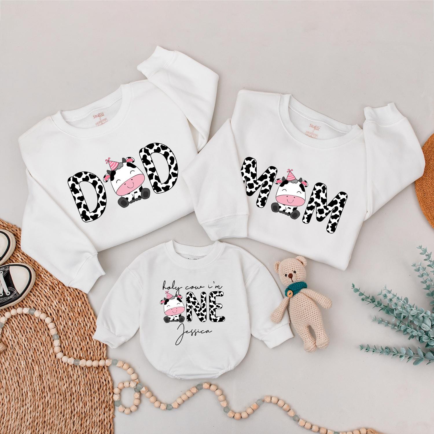 Whimsical Cow Family Birthday Sweatshirts with Personalization