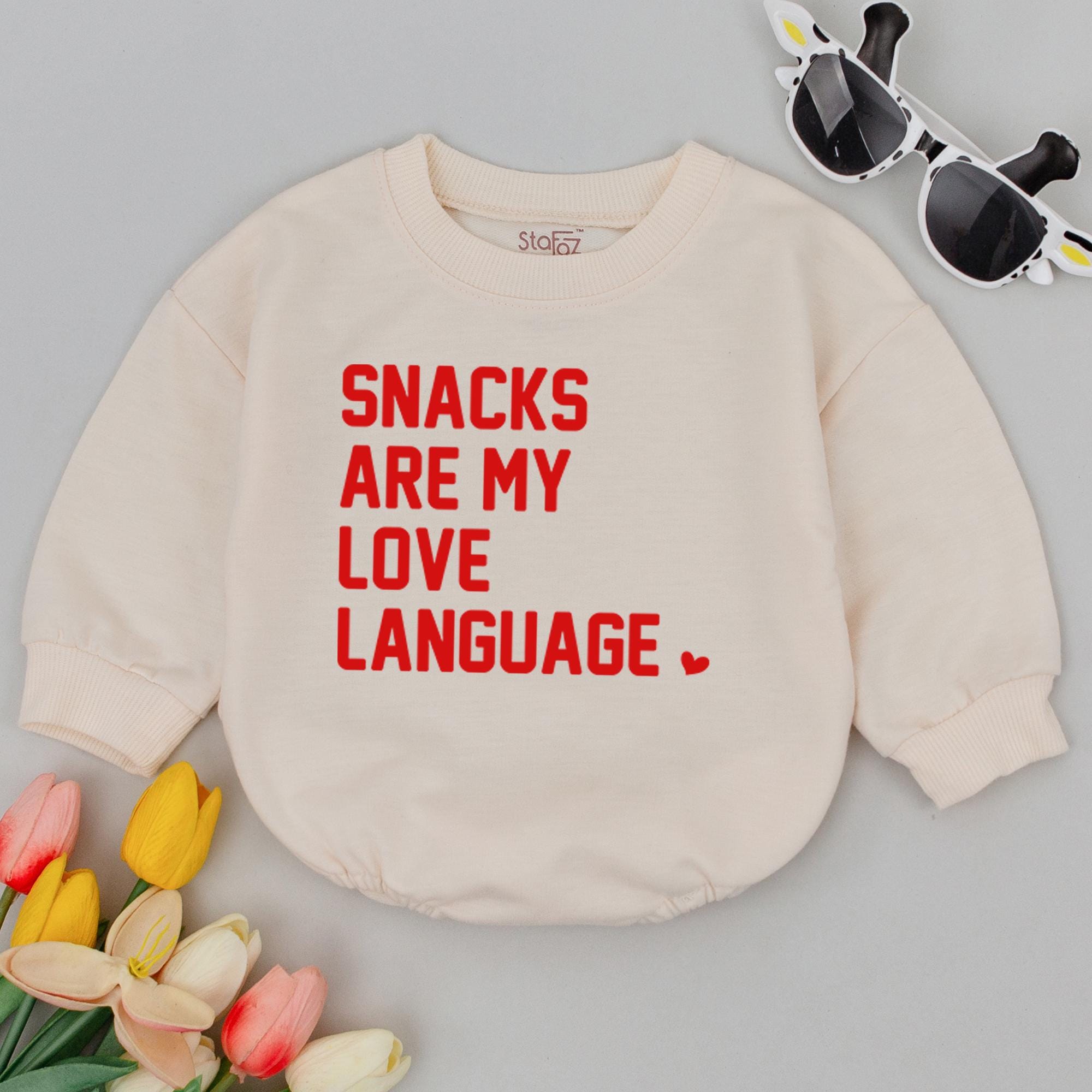 Snacks Are My Love Language Baby Romper Funny Valentine's Day Outfit Soft Cotton Infant Gift First Holiday Romper Red Heart Design