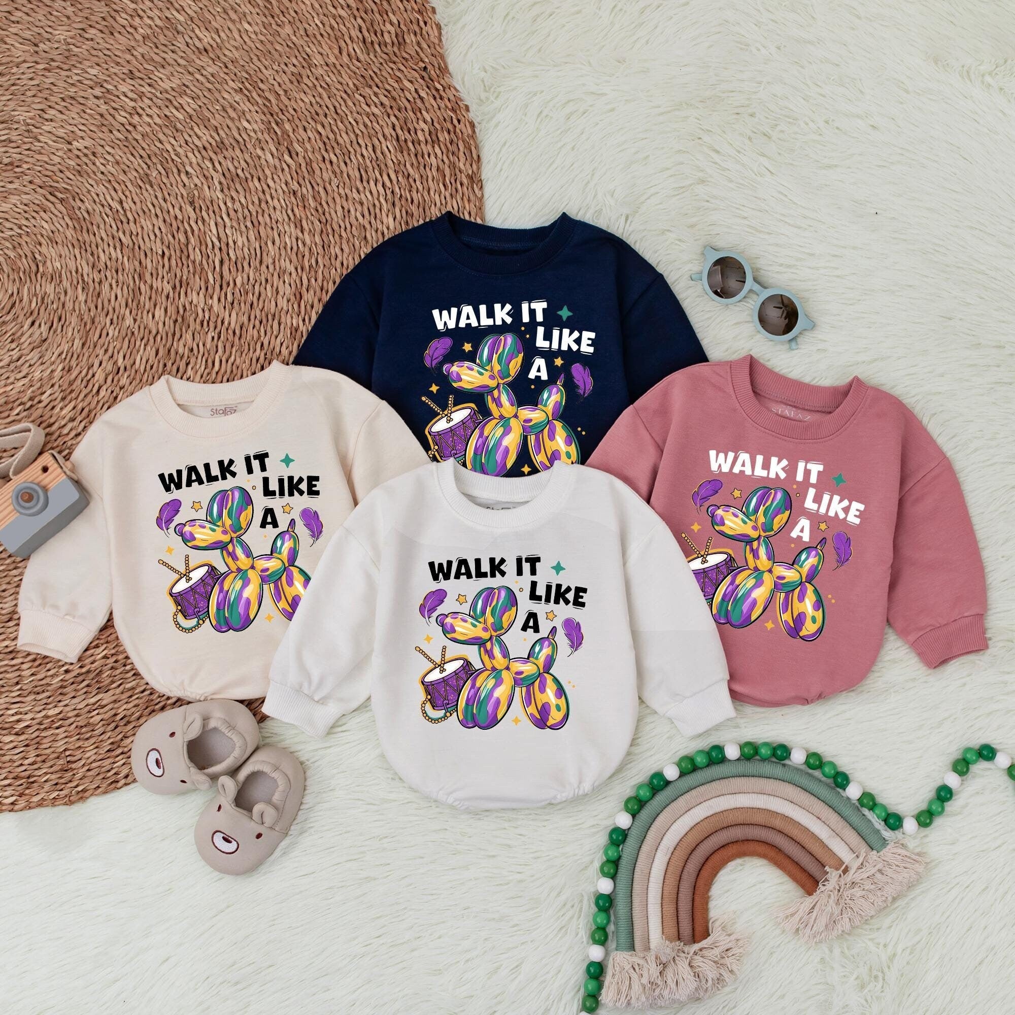 Mardi Gras Baby Bubble Romper with Colorful Beads and Masks Funny Infant Outfit Perfect Baby Shower Gift Cotton Comfortable Design