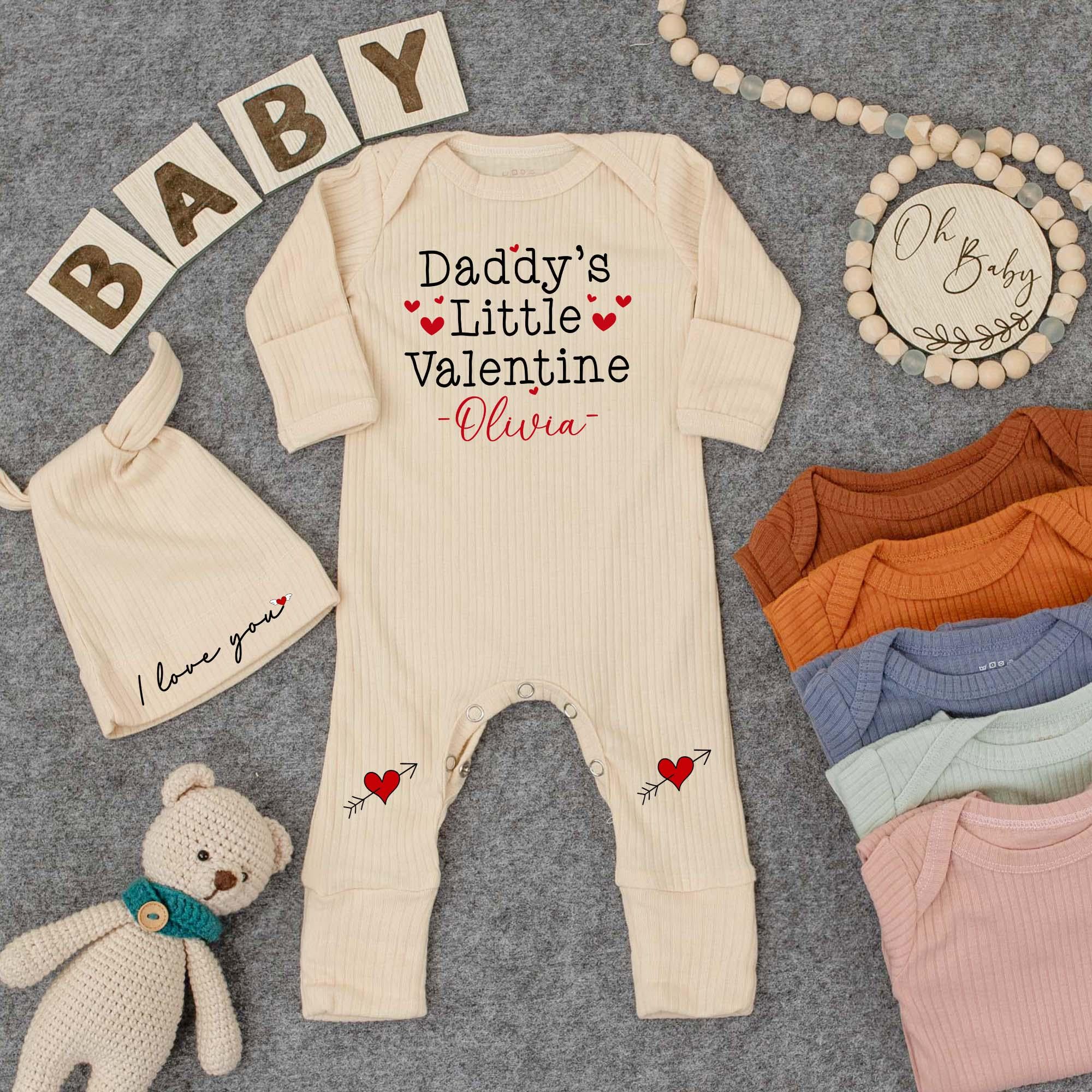 Daddy's Little Valentine Custom Name Baby Bodysuit Cute Heart Design for Valentine's Day Newborn Infant Girl or Boy Gift Outfit