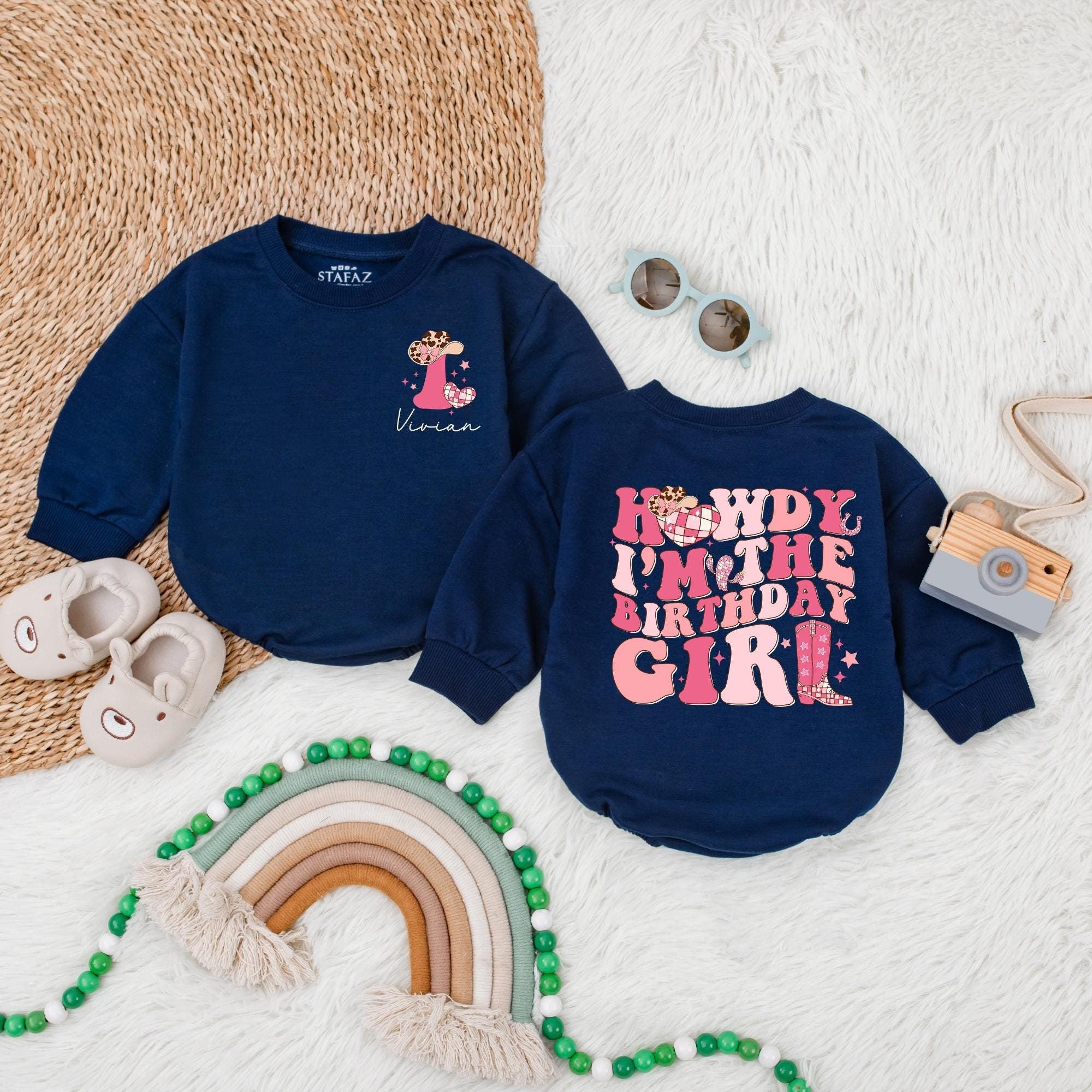 Custom First Birthday Bubble Romper Cowgirl Theme Personalized Vivian Outfit Baby Girl Western Celebration Howdy Party Gift Cotton
