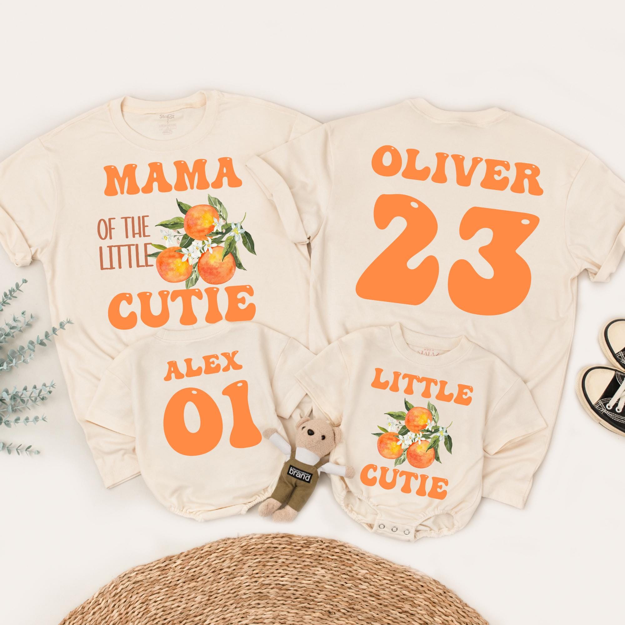 Personalized Little Cutie Family T-Shirts and Baby Romper with Orange Fruit Design Birthday Party Gift Soft Cotton Outfit
