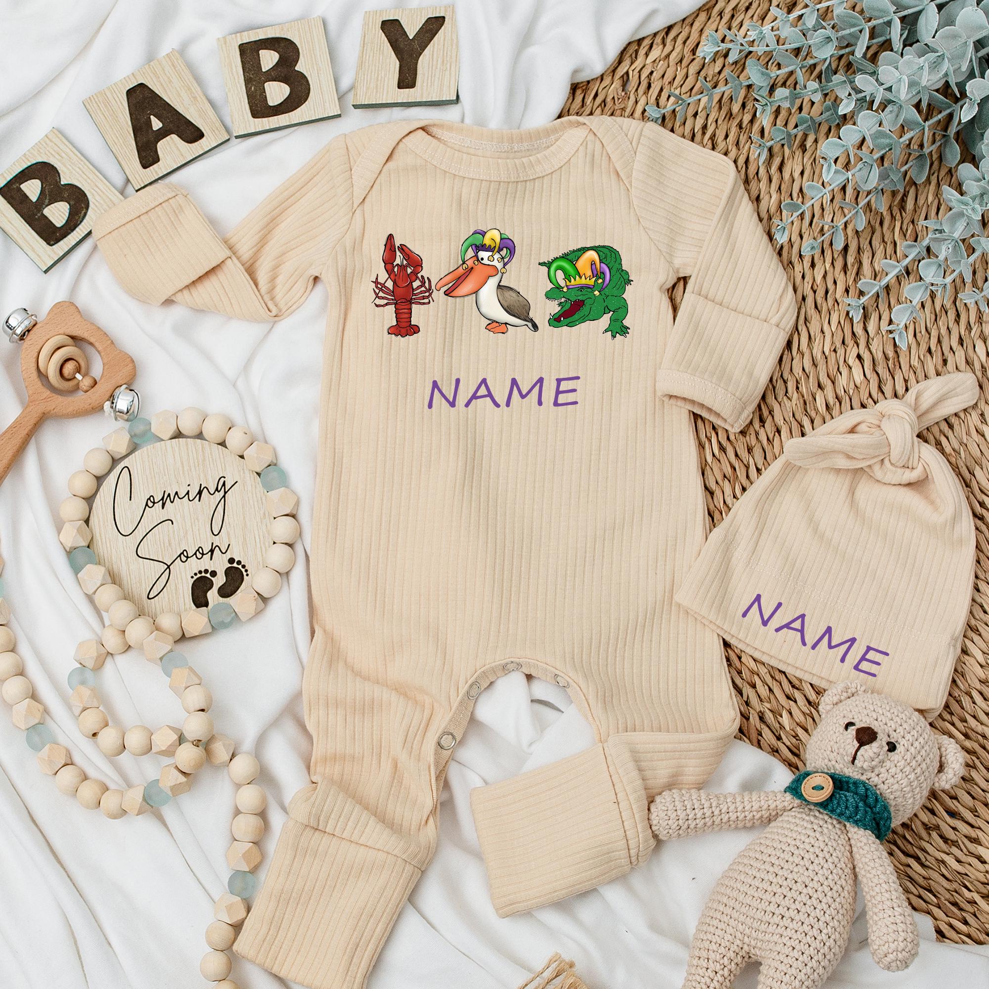 Custom Mardi Gras Baby Bodysuit Set with Crawfish Pelican Alligator Design Soft Cotton Personalized Outfit for Holidays Parties