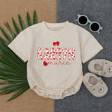 Personalized Baby Romper with Heart Pattern Custom Name Valentines Outfit for Girls Soft Cotton Infant Bodysuit Red and White Design