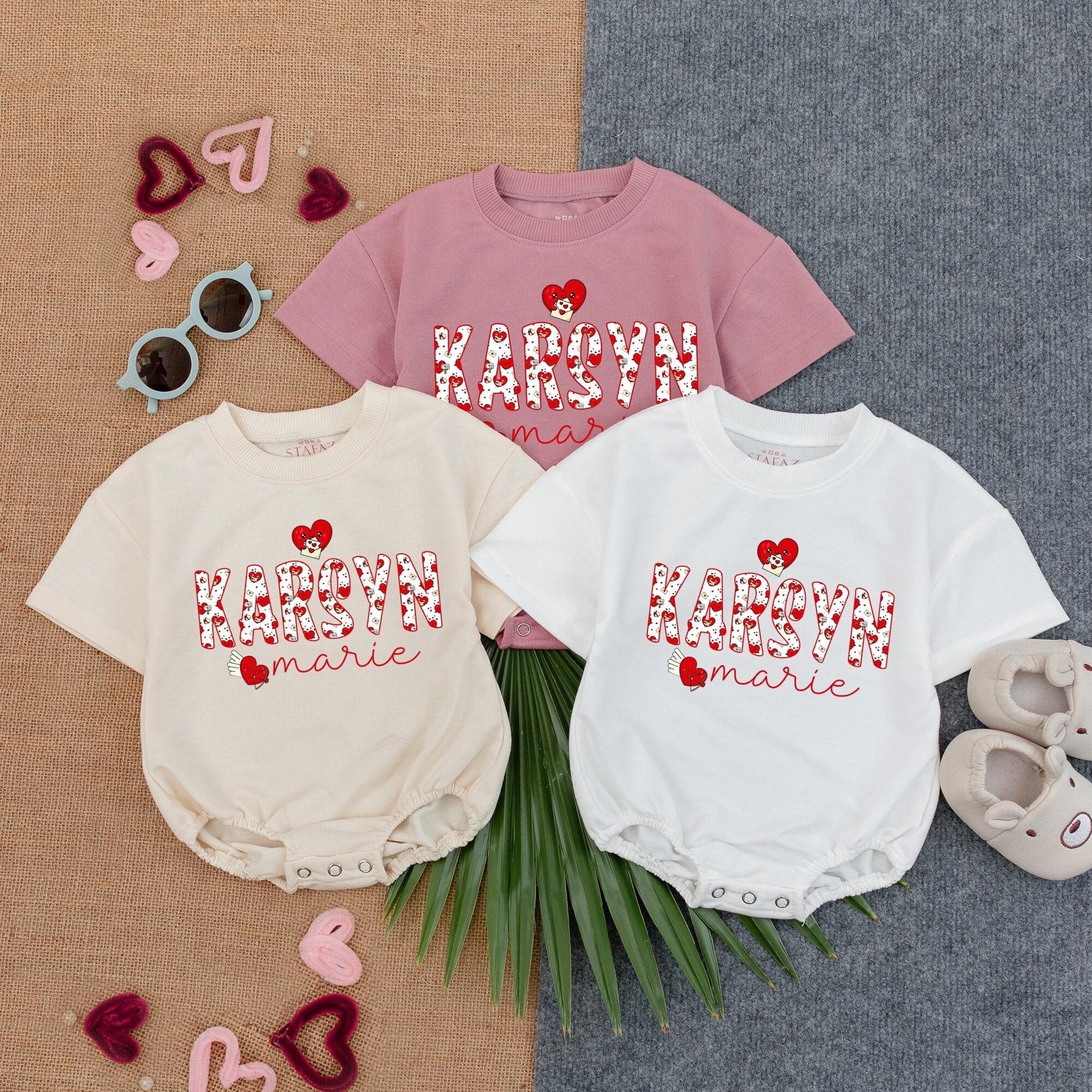 Personalized Baby Romper with Heart Pattern Custom Name Valentines Outfit for Girls Soft Cotton Infant Bodysuit Red and White Design
