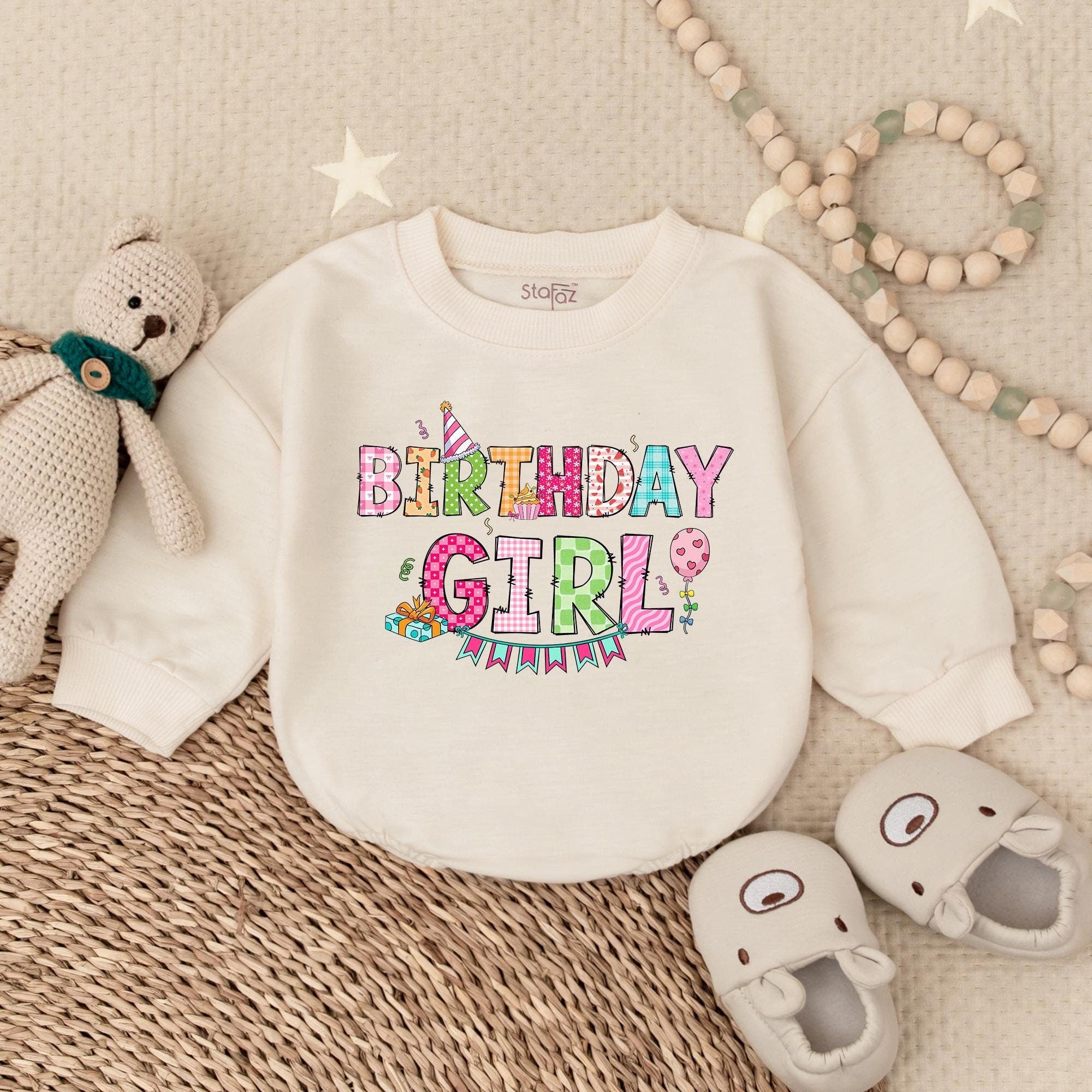 Cheerful Birthday Girl Bubble Romper with Colorful Letters Party Hat Balloon Baby Outfit Soft Cotton Infant Celebration Gift
