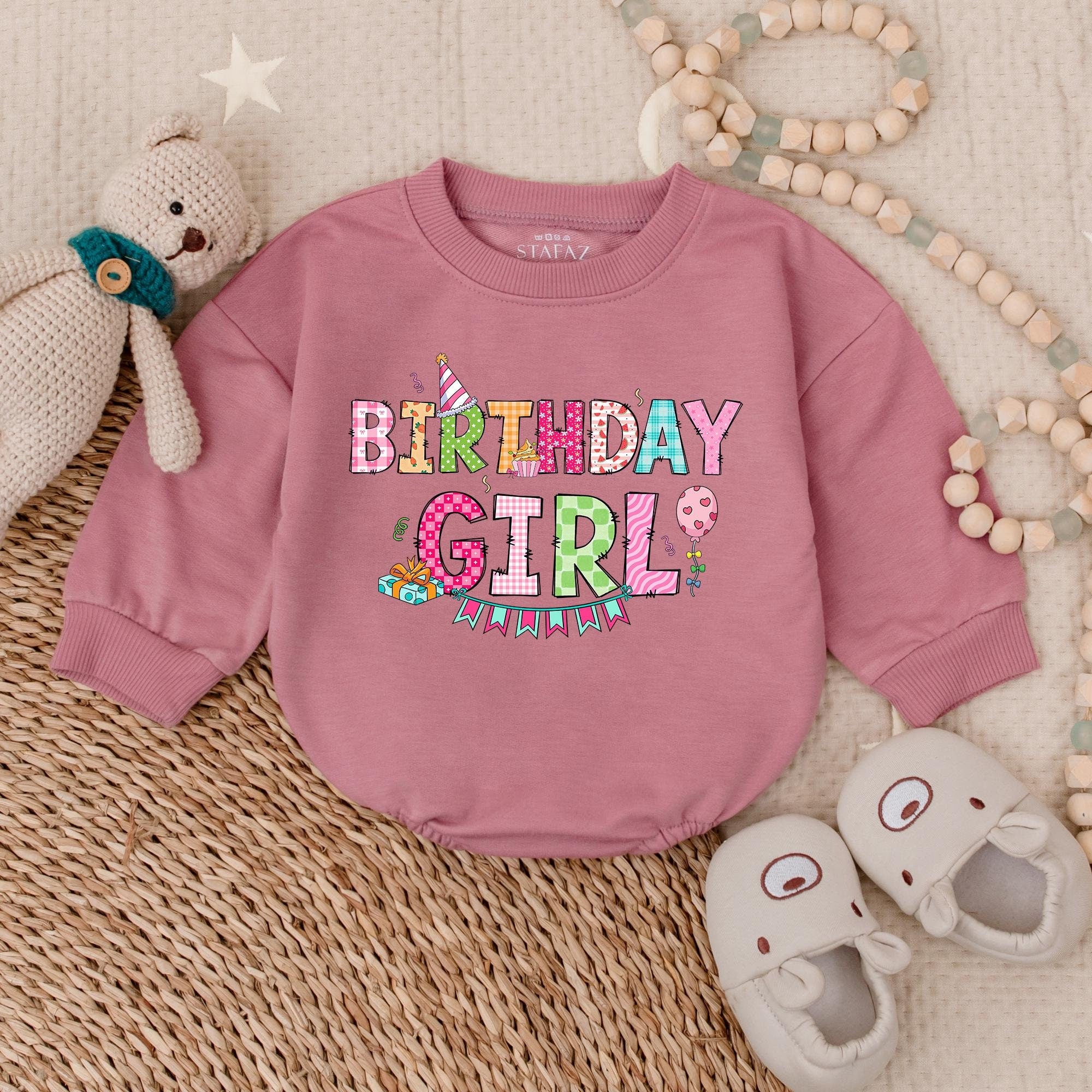 Cheerful Birthday Girl Bubble Romper with Colorful Letters Party Hat Balloon Baby Outfit Soft Cotton Infant Celebration Gift