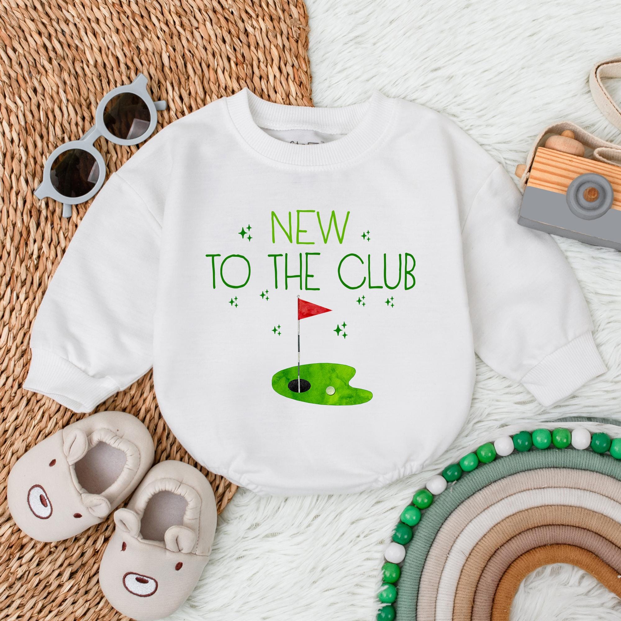 New To The Club Golf Romper for Baby Boys First Birthday Retro Style Outfit with Fun Green and Red Vintage Graphic for Playful Celebrations