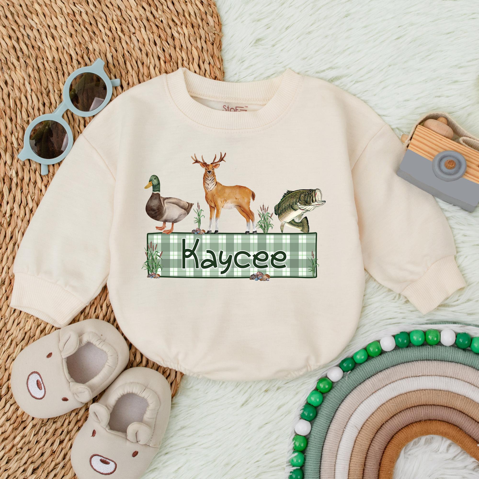 Personalized Kaycee Baby Romper with Deer and Duck Wildlife Design Boy Hunter Outfit Soft Cotton Plaid Pattern Newborn Gift