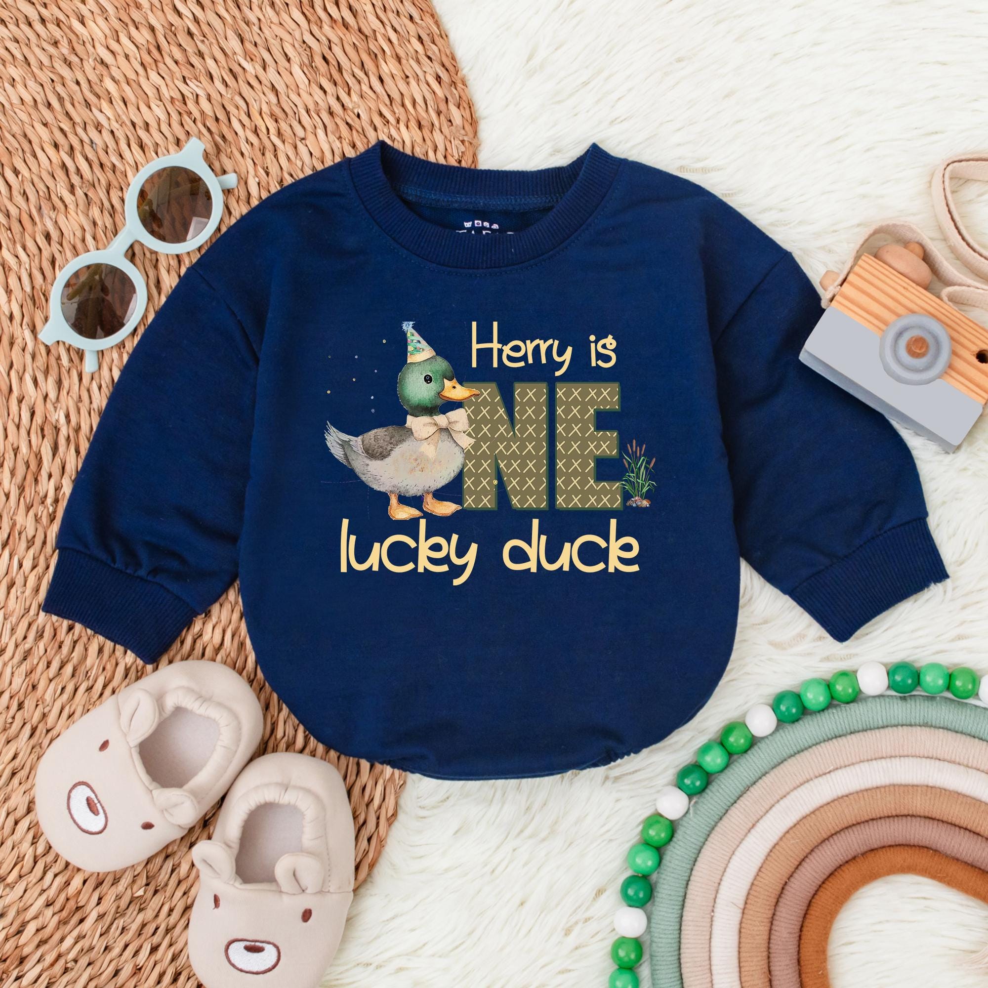 Personalized Lucky Duck Baby Romper First Birthday Outfit Custom Gift Soft Cotton Bodysuit for Boys and Girls with Henry's Name