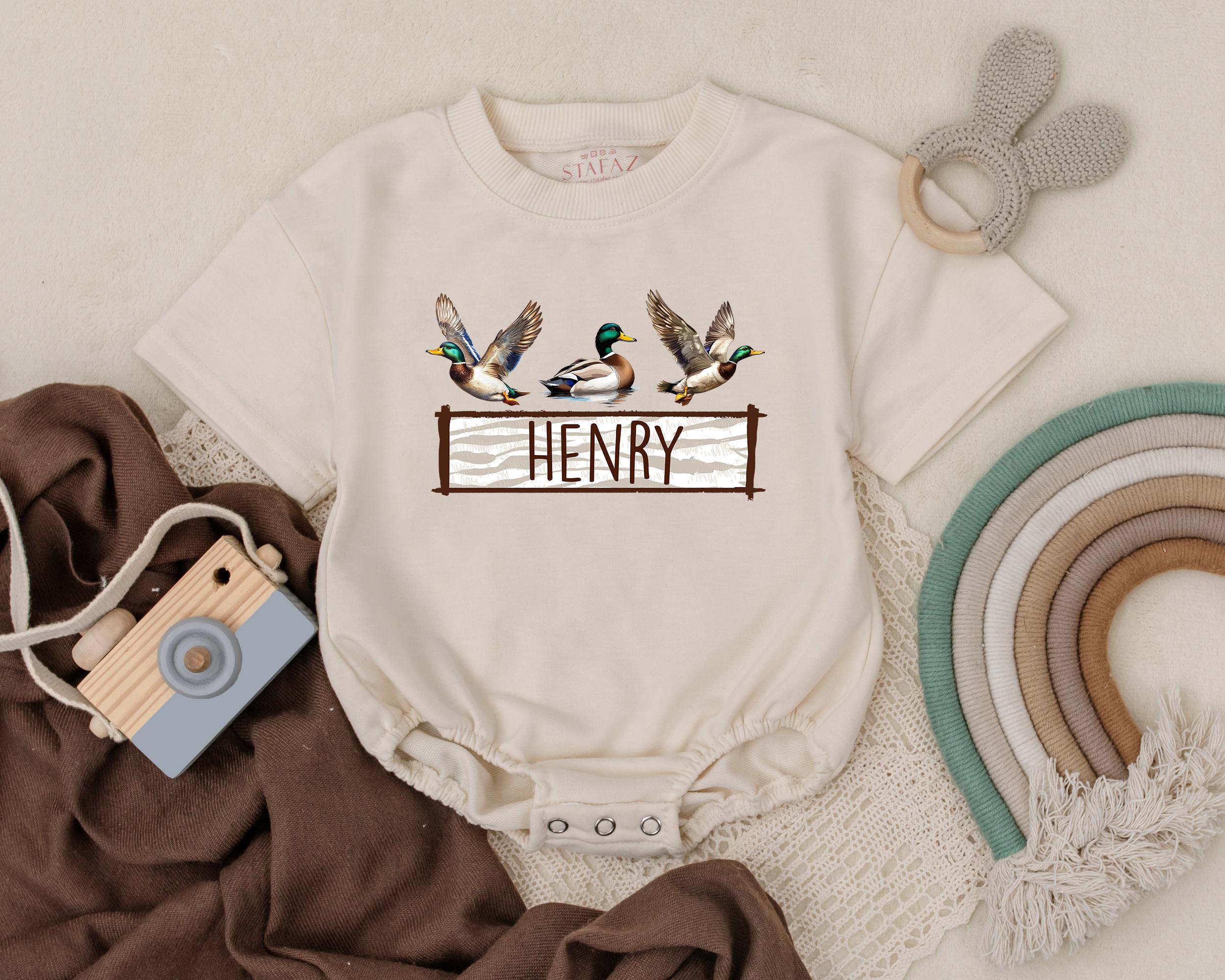 Personalized Baby Boy Romper with Mallard Ducks First Birthday Outfit Earthy Colors Soft Cotton Custom Name Newborn Gift for Duck Lovers