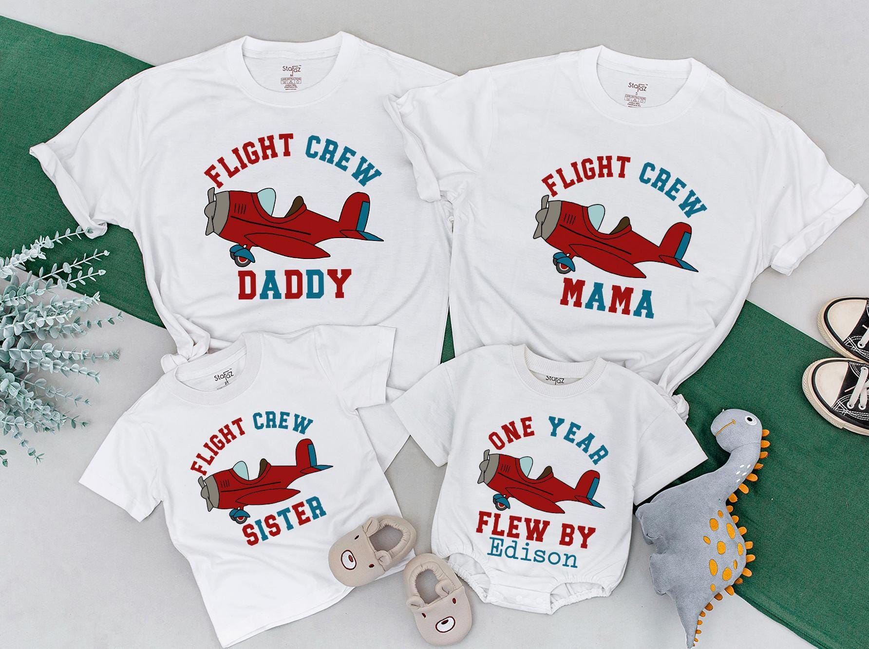Custom Flight Crew Family Shirts Red Airplane Design Birthday Outfit Personalized Name Cotton Soft Toddler Baby Boy Girl Party Gift