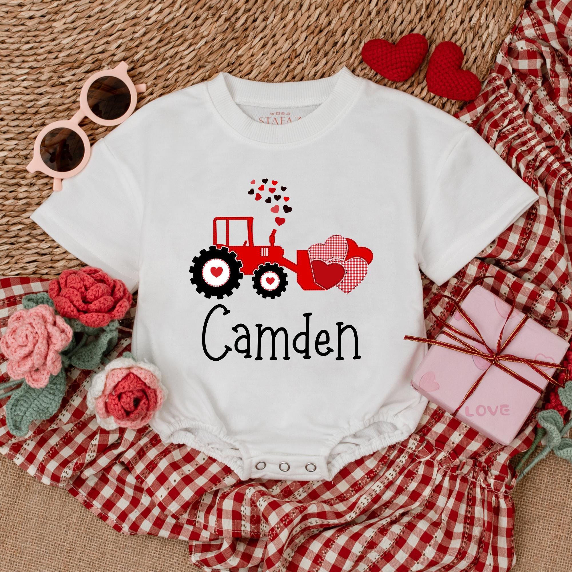 Personalized Red Tractor Baby Romper with Hearts Valentine Custom Name Short Sleeve Infant Boy Outfit Holiday Gift