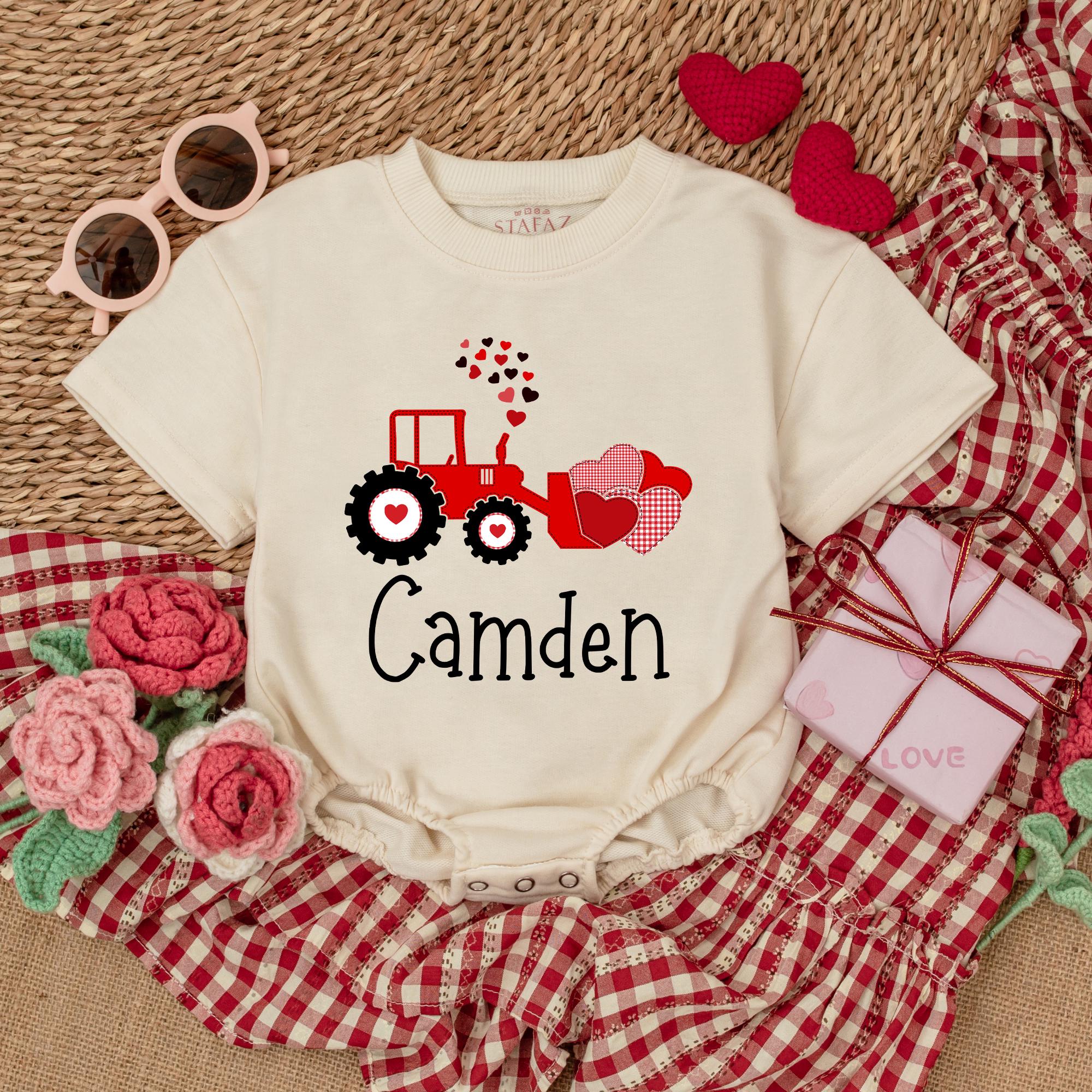 Personalized Red Tractor Baby Romper with Hearts Valentine Custom Name Short Sleeve Infant Boy Outfit Holiday Gift