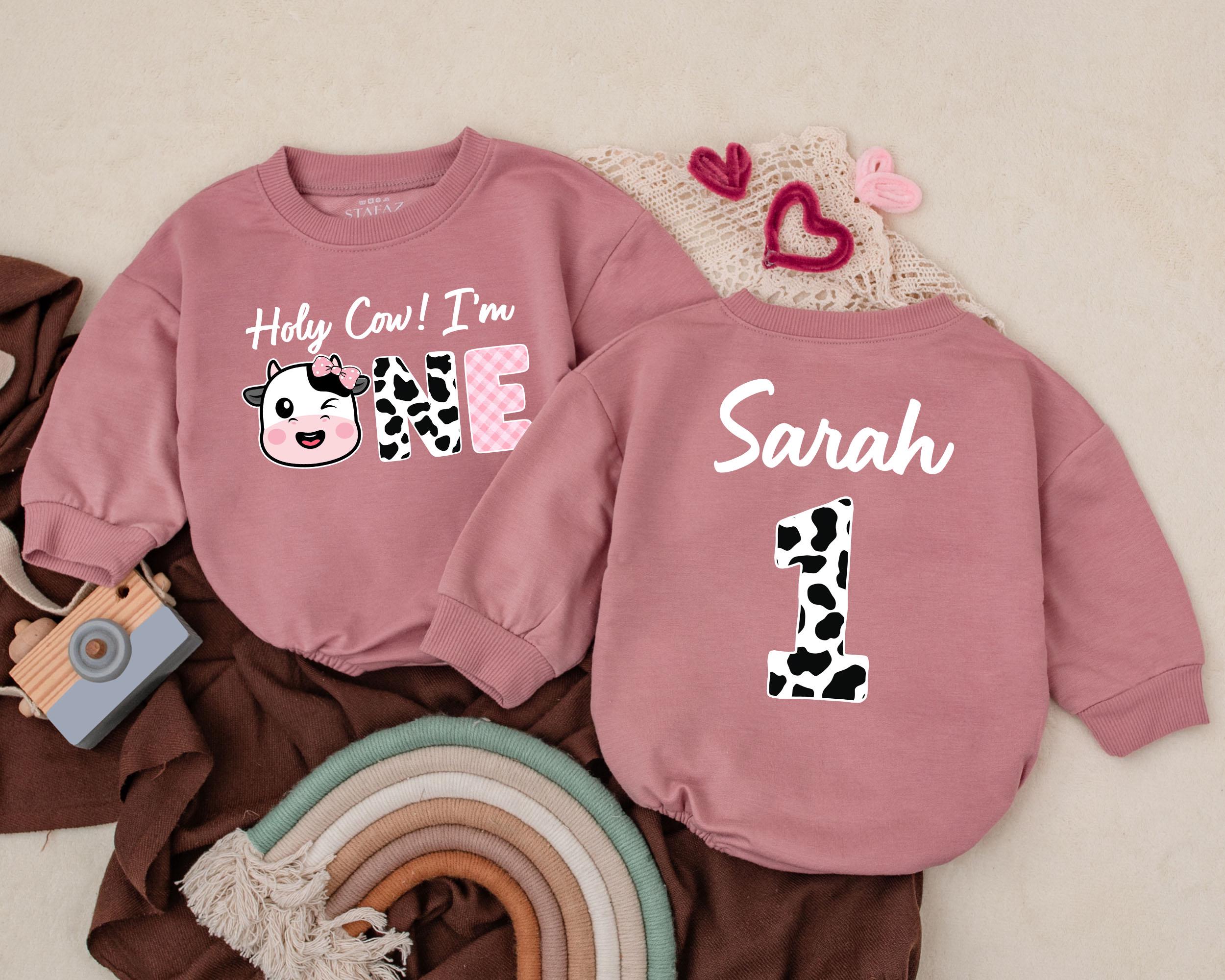 Personalized Holy Cow I'm One Romper for Baby Girls Birthday Outfit with Cow Print and Pink Bow Retro First Birthday Gift