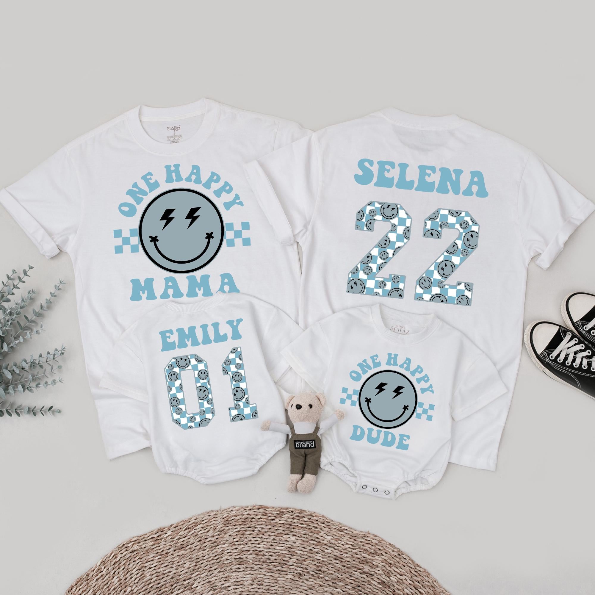 One Happy Dude Birthday Shirt with Smiley Face Lightning Eyes Fun Family Outfit Personalized Cotton Toddler Baby Bodysuit Celebration