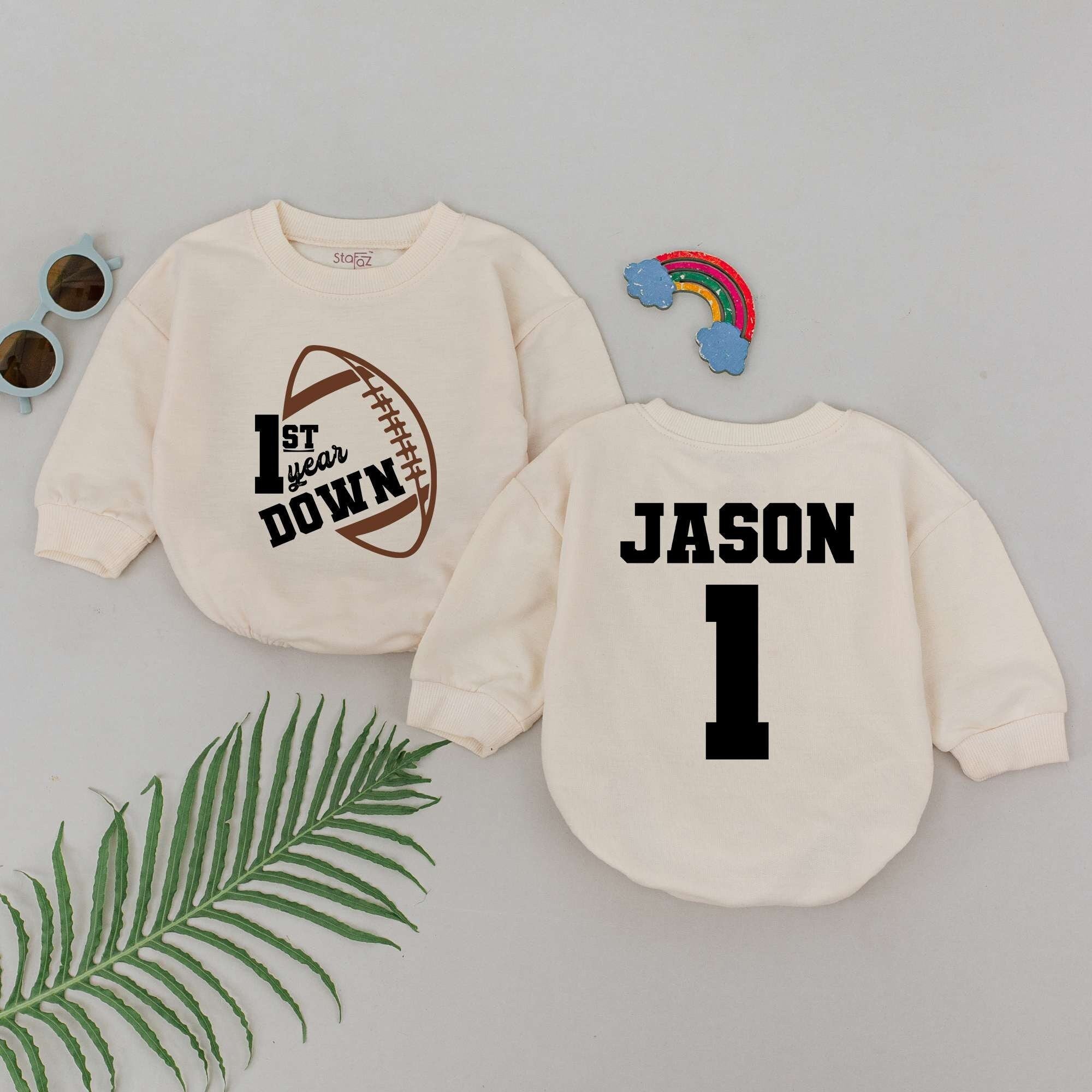 Personalized 1st Year Down Football Romper for Baby Boys Birthday Party Outfit Soft Cotton Custom Name Jason Number 1 Design